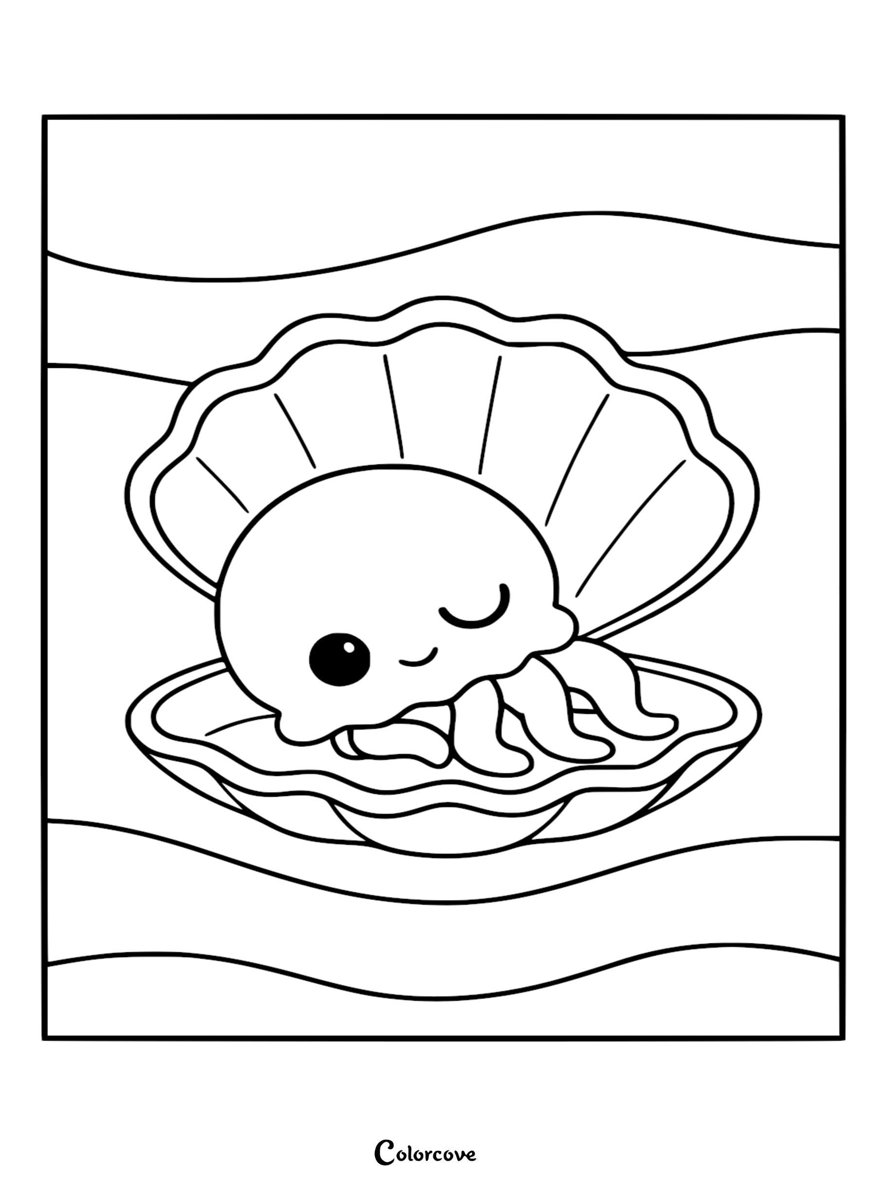 A cute Relaxing Jellyfish with one winking eye sleeping inside an open seashell, line art coloring page.