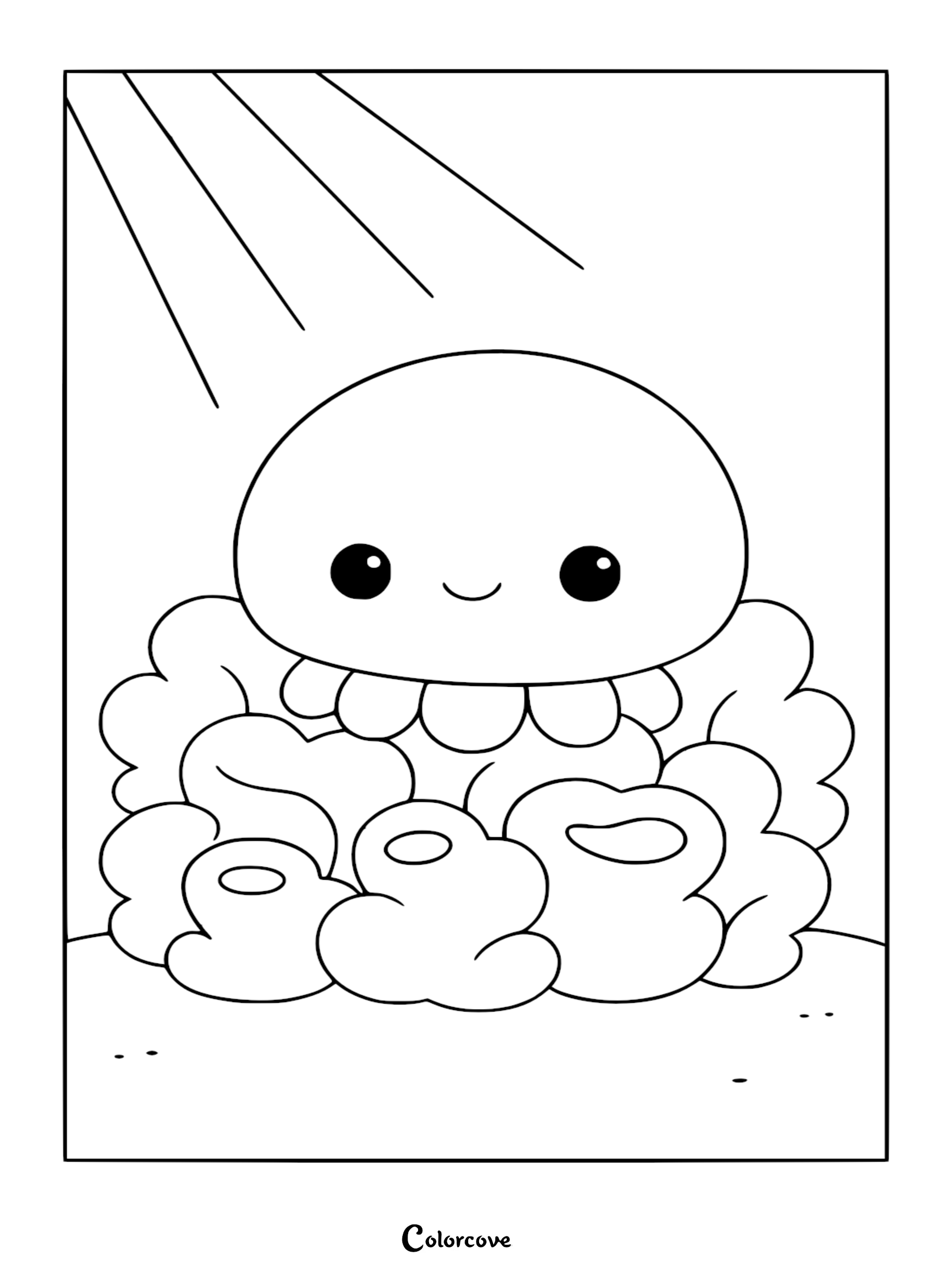 A simple line art coloring page of a cute, smiling jellyfish resting among soft sea anemone clouds under bright sunlight beams.