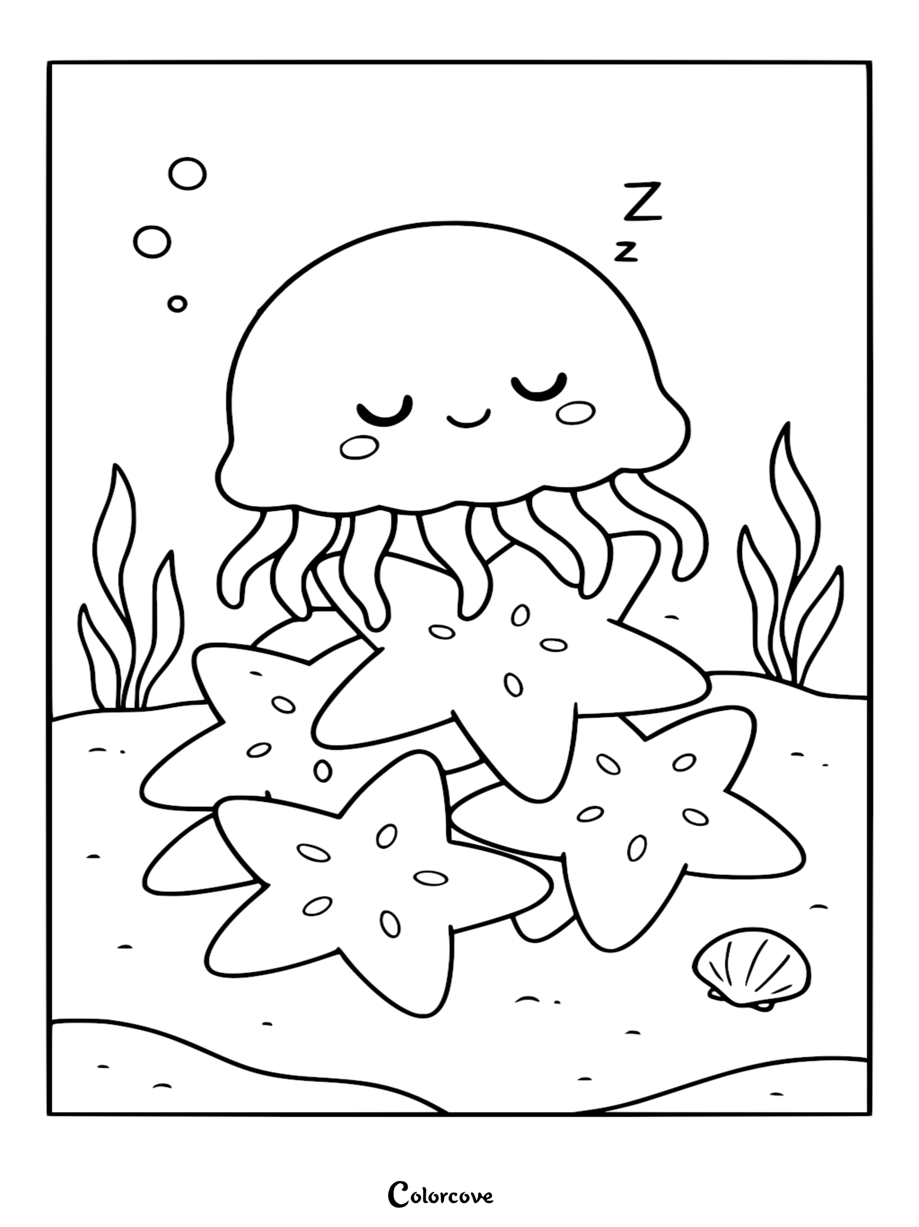 A cute, sleeping jellyfish floating above a pile of three starfish on the sandy ocean floor in this printable coloring page.