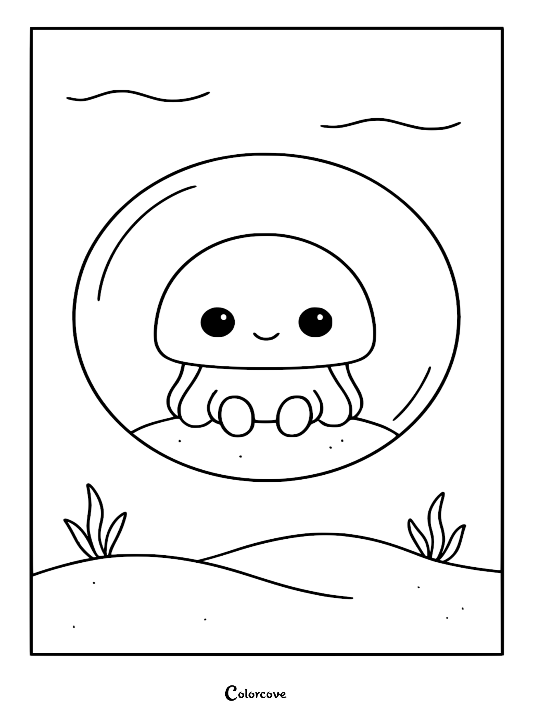 A cute, simple Relaxing Jellyfish inside a transparent bubble, floating above the ocean floor, coloring page.