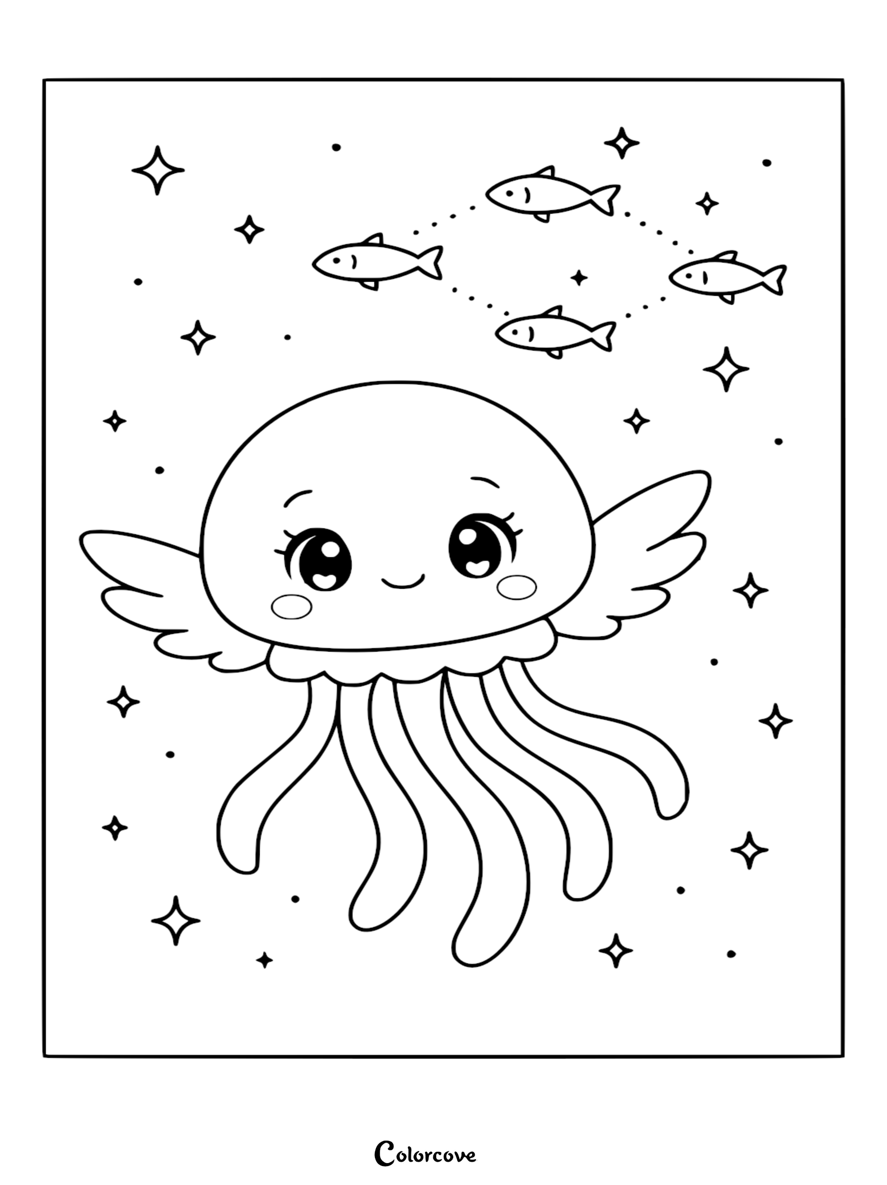Cute cartoon relaxing jellyfish with angel wings floating among stars and a fish constellation, printable coloring page.