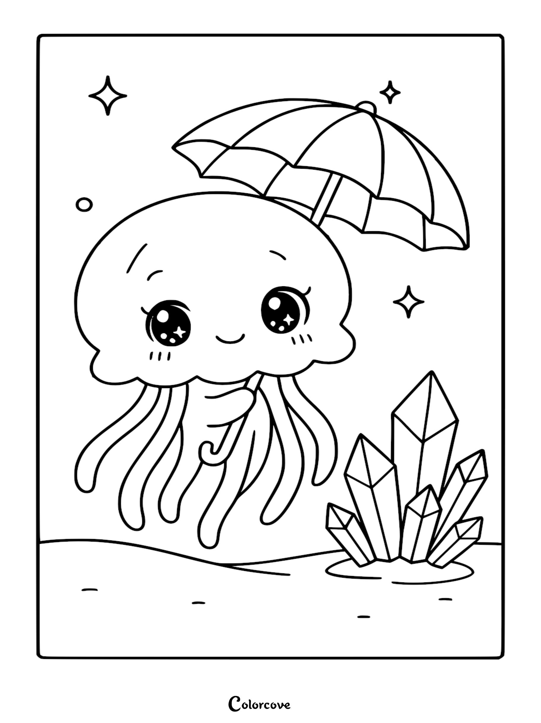 A kawaii style relaxing jellyfish holding an umbrella near a cluster of sharp crystals, line art coloring page.