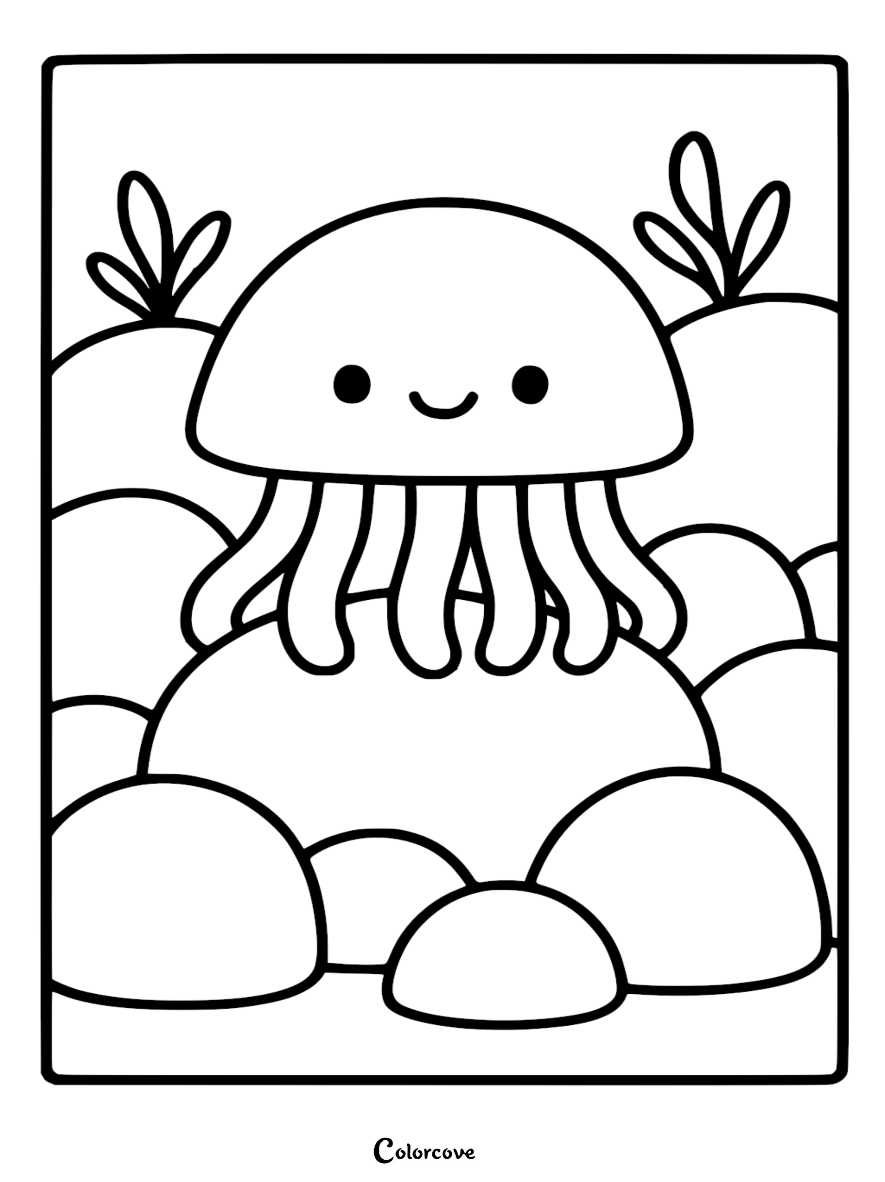 A cute cartoon jellyfish with a smiling face resting on smooth ocean floor rocks, line art coloring page.