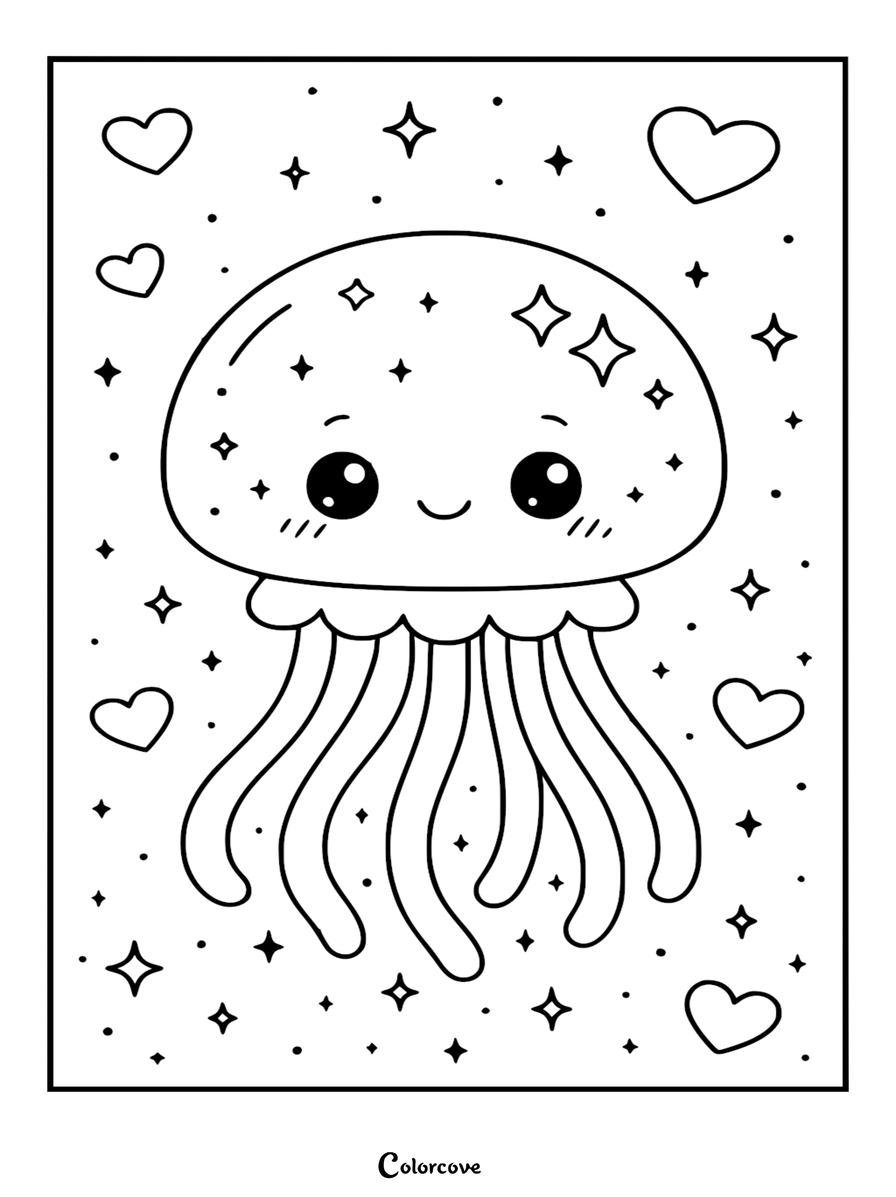 Kawaii style relaxing jellyfish coloring page featuring a happy, smiling sea creature surrounded by twinkling four-pointed stars, polka dots, and floating heart shapes.