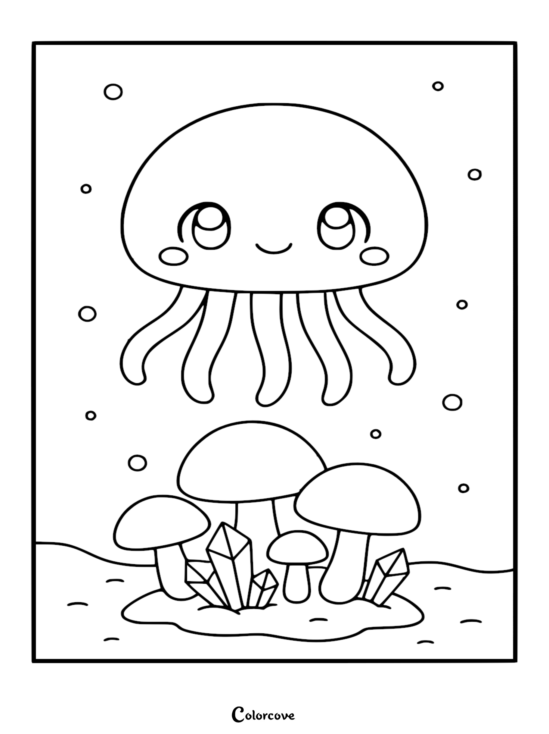 A cute kawaii relaxing jellyfish swimming above a seabed of mushrooms and crystals, line art coloring page.