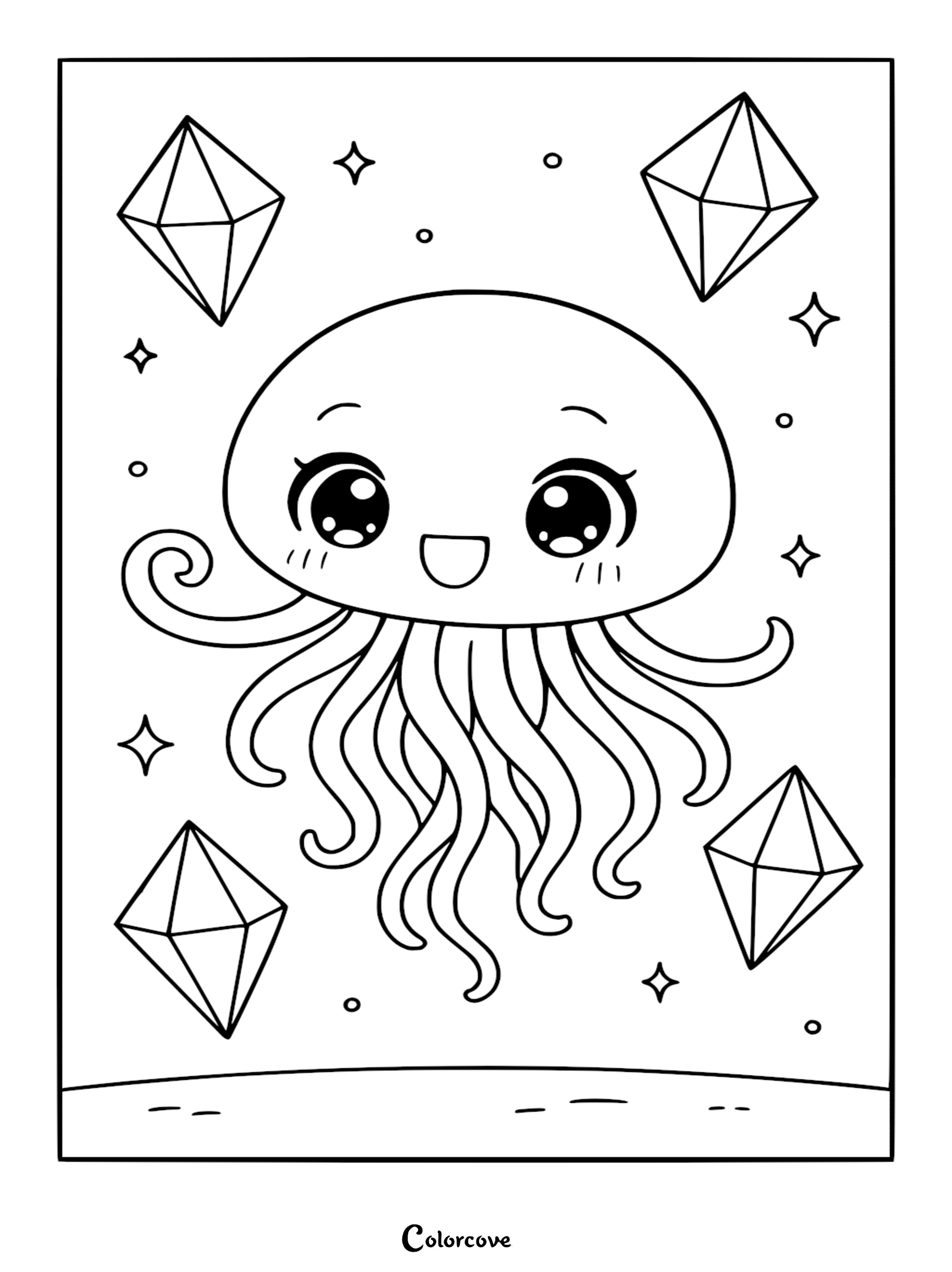 A cute cartoon jellyfish with big eyes and wavy tentacles surrounded by floating geometric gemstones and sparkles in this printable coloring page.