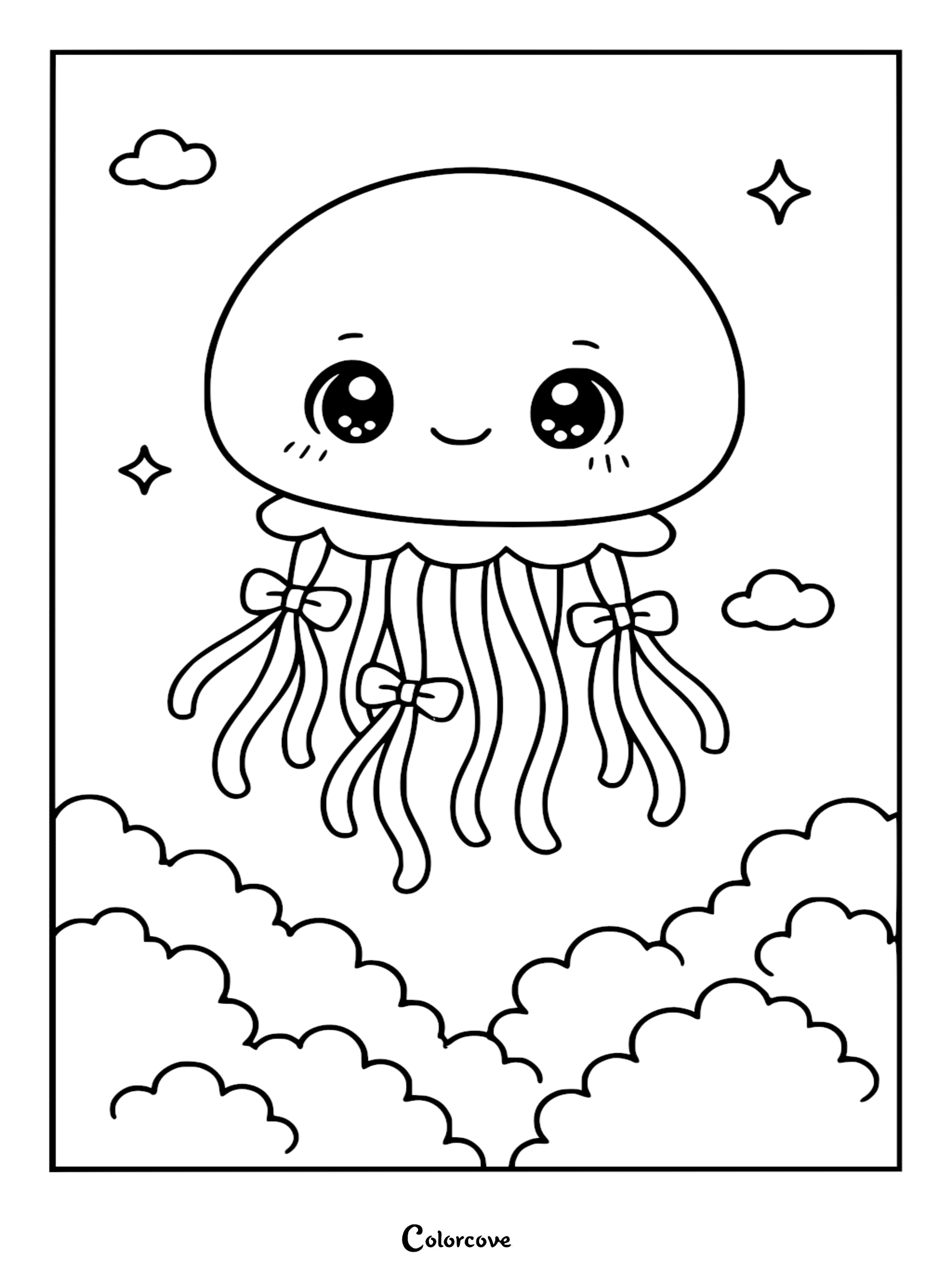 Kawaii relaxing jellyfish with cute bows on tentacles floating above puffy clouds, printable line art coloring page.