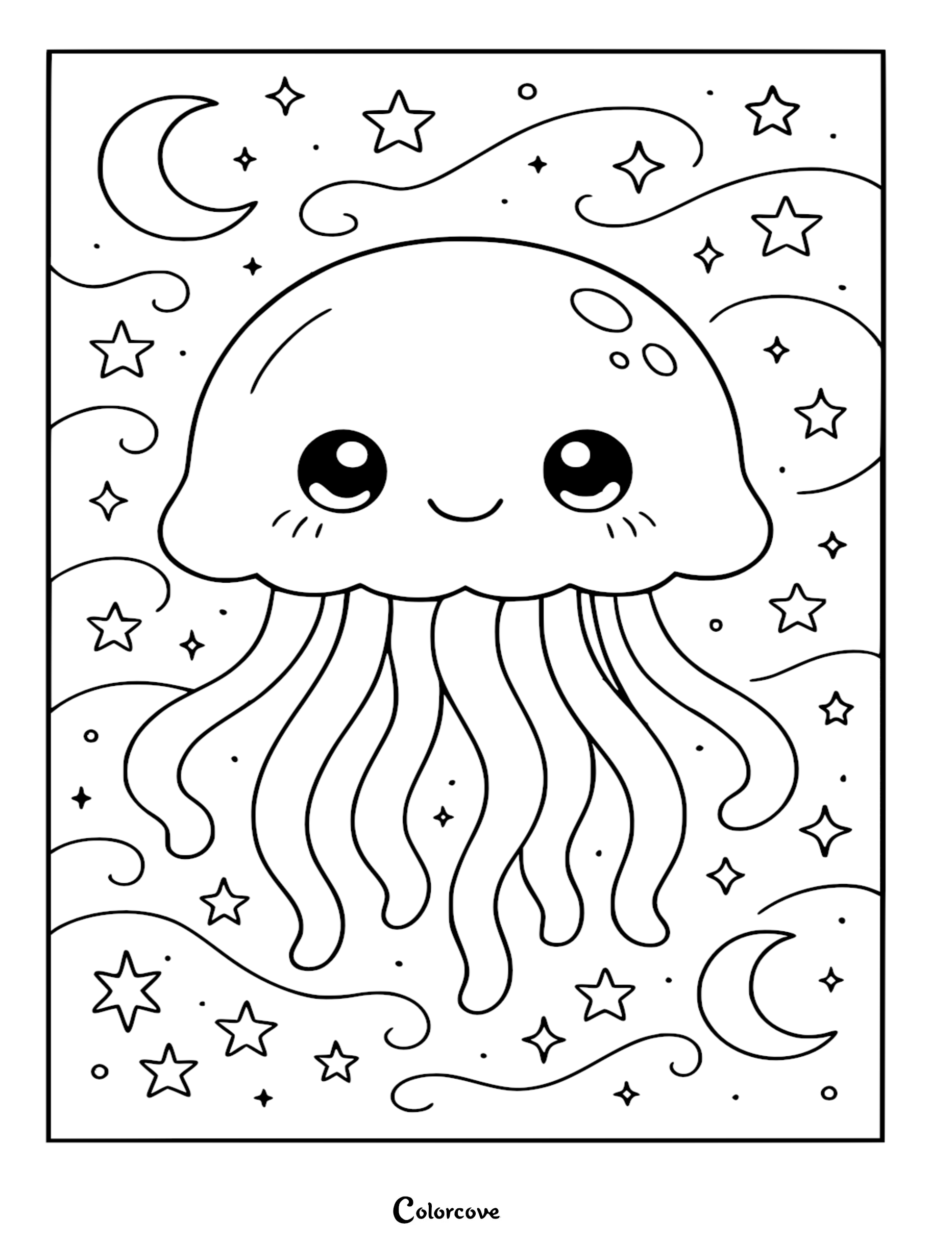 Kawaii style relaxing jellyfish with big eyes and wavy tentacles floating among stars and crescent moons on a coloring page.