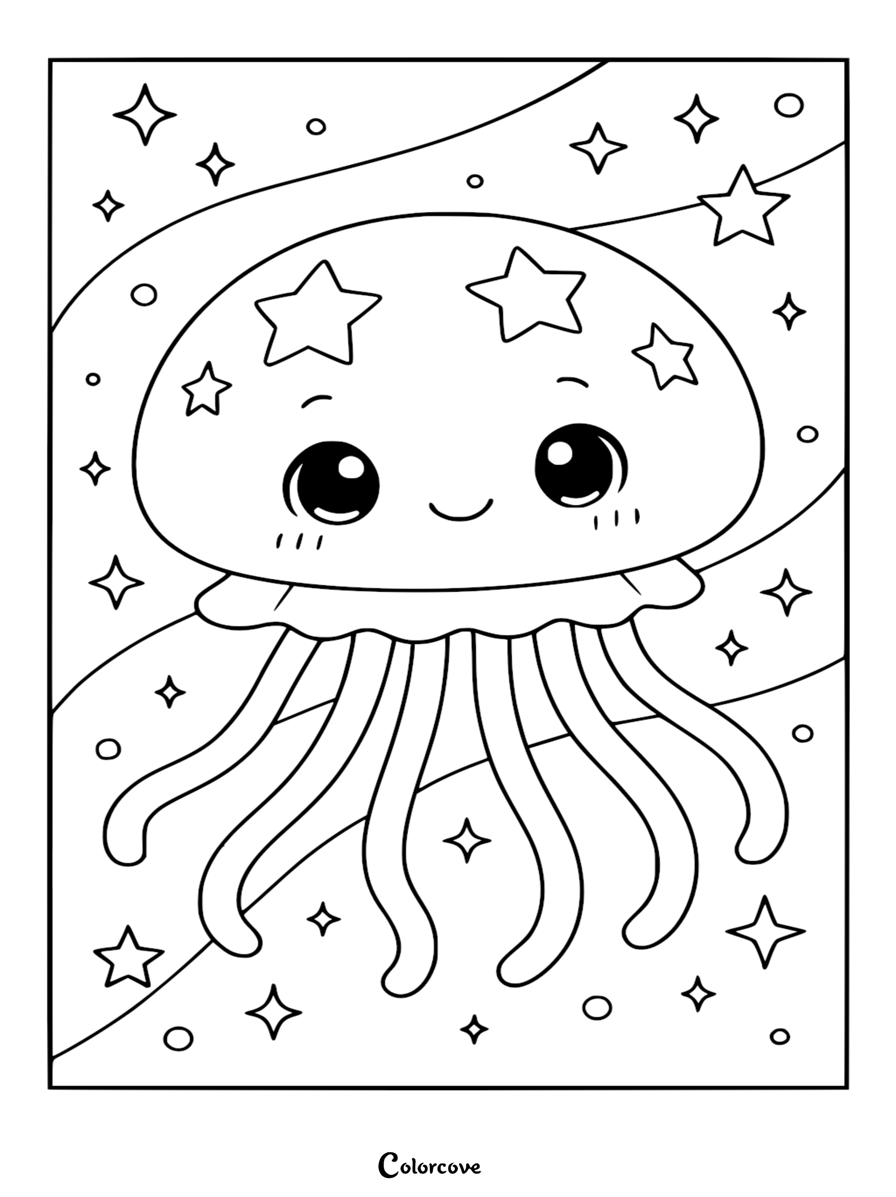 A cute Relaxing Jellyfish with big eyes and star patterns on its bell, swimming through a space-themed background in this printable coloring page.