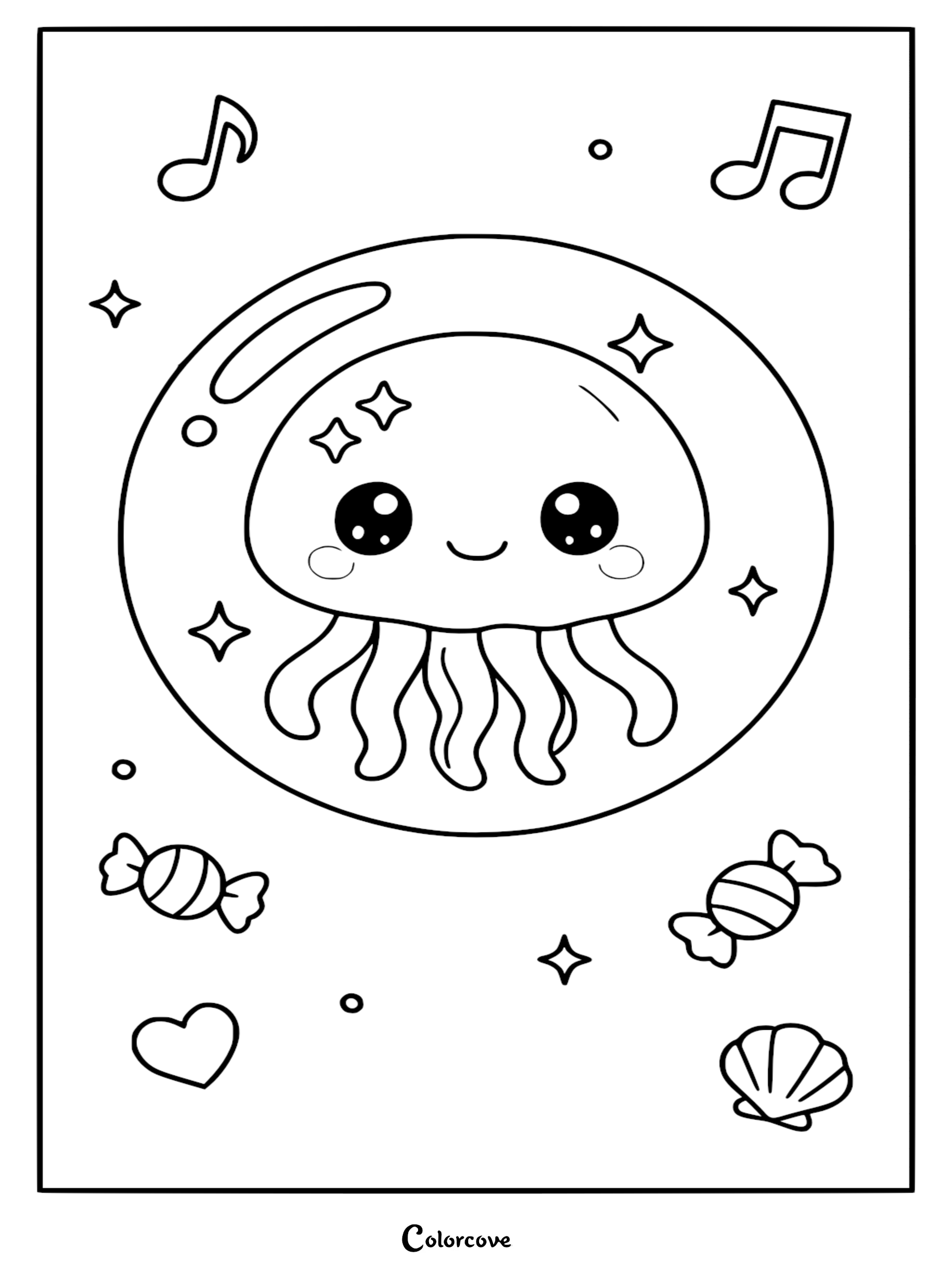A cute Relaxing Jellyfish inside a large bubble with musical notes, candies, and a seashell on this kawaii-style printable coloring page.