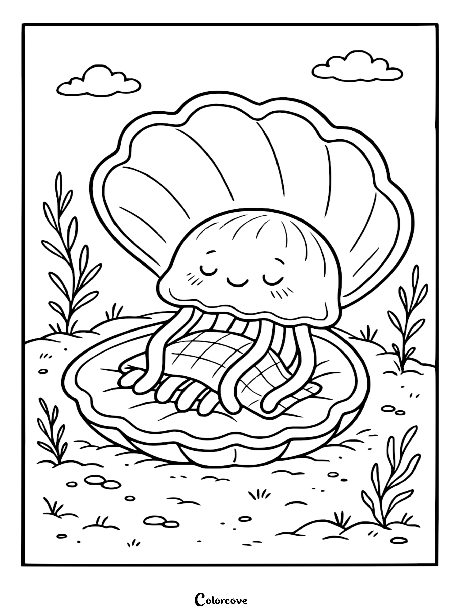A cute Relaxing Jellyfish sleeping under a checkered blanket inside a giant open seashell, depicted in a clean line art coloring page style.
