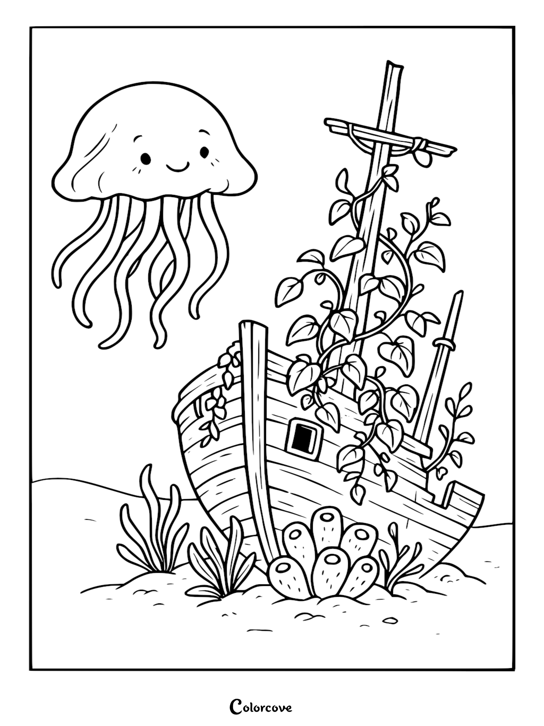 A cute Relaxing Jellyfish swimming near an overgrown, vine-covered wooden shipwreck on the ocean floor, featured in this printable coloring page.