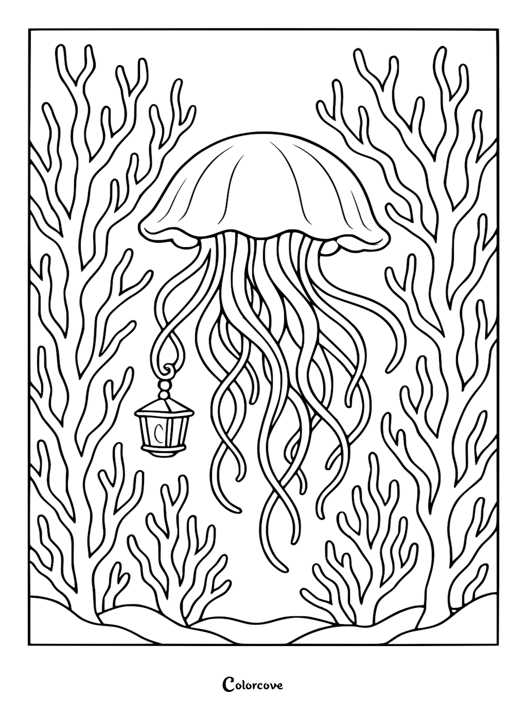 A relaxing jellyfish drifting between sea coral, holding a small hanging lantern with one tentacle, black and white line art coloring page.