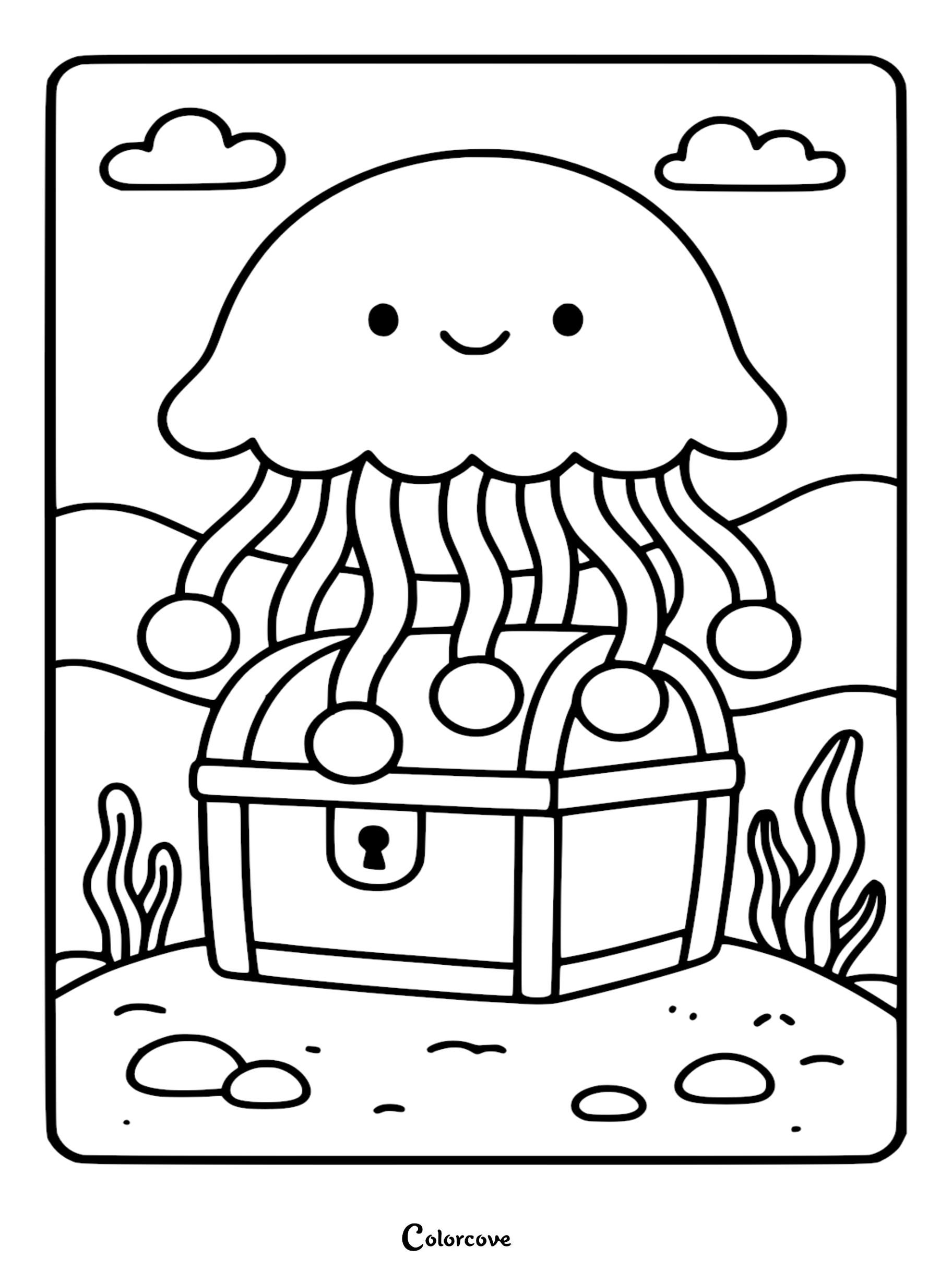 A cute cartoon Relaxing Jellyfish hovering over a locked wooden treasure chest on the ocean floor, featured as a printable line art coloring page.