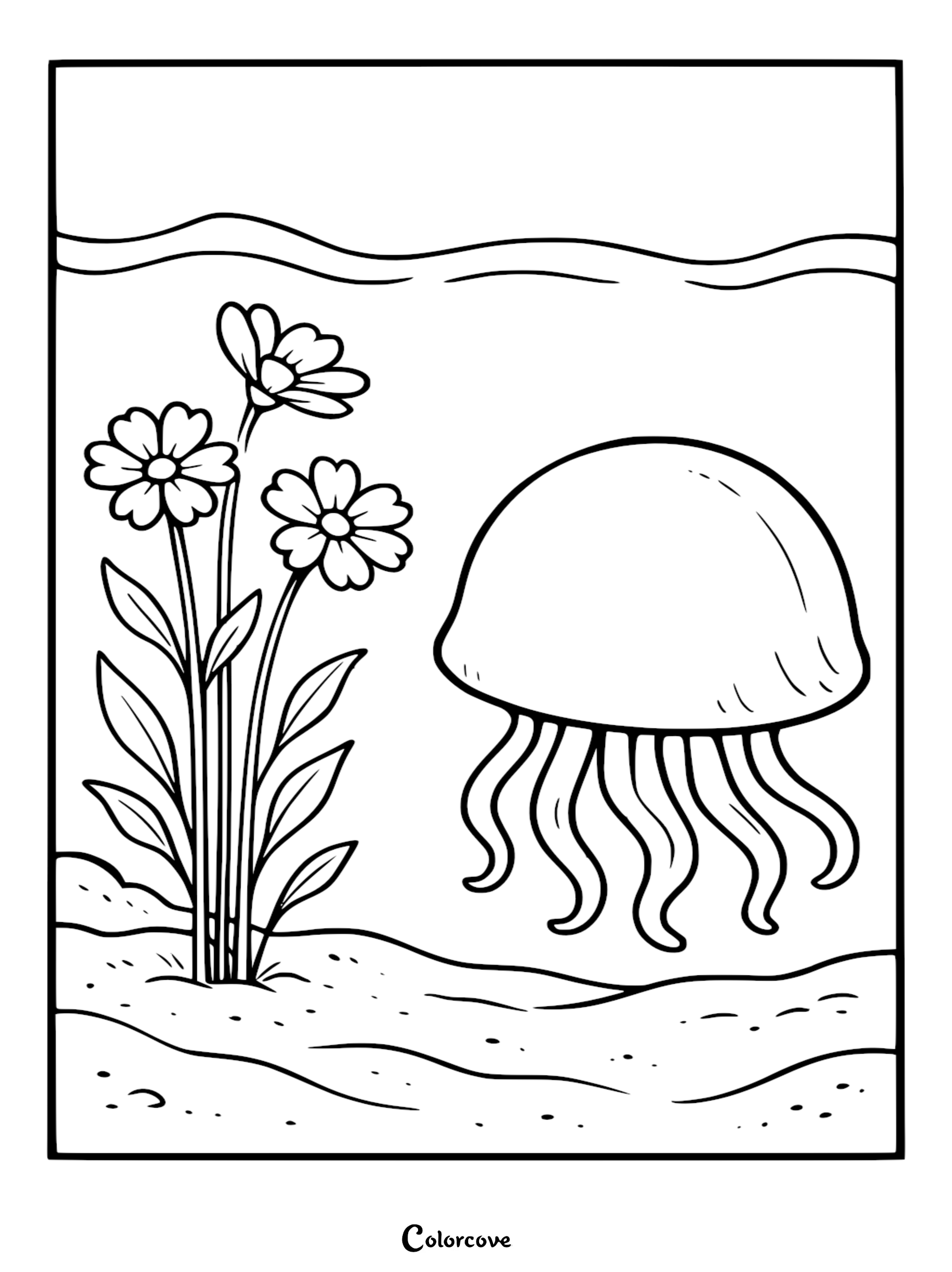 A relaxing jellyfish swimming near a cluster of underwater flowers in a simple line art coloring page.