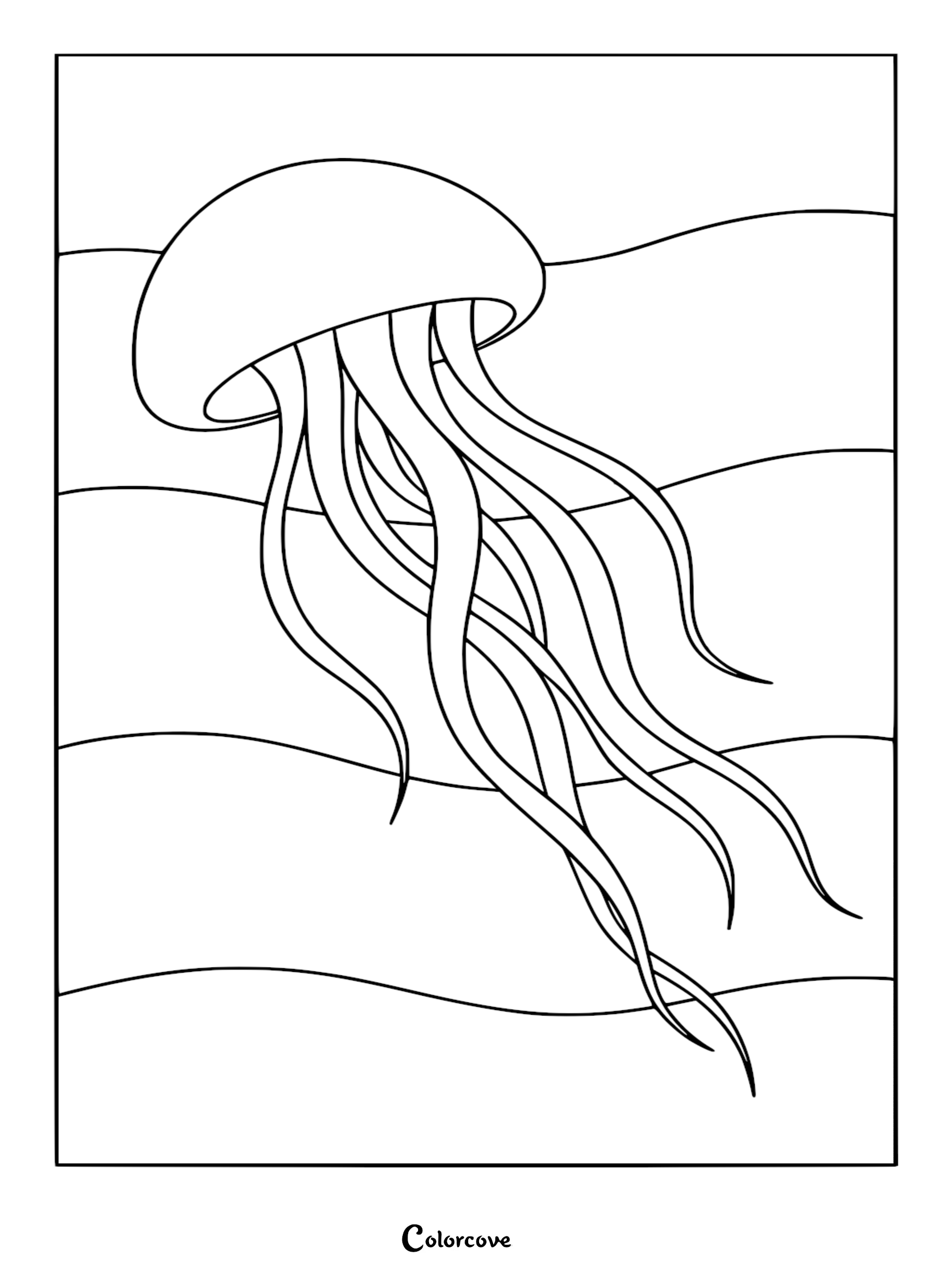 A relaxing jellyfish drifting through wavy ocean currents in a printable line art coloring page.