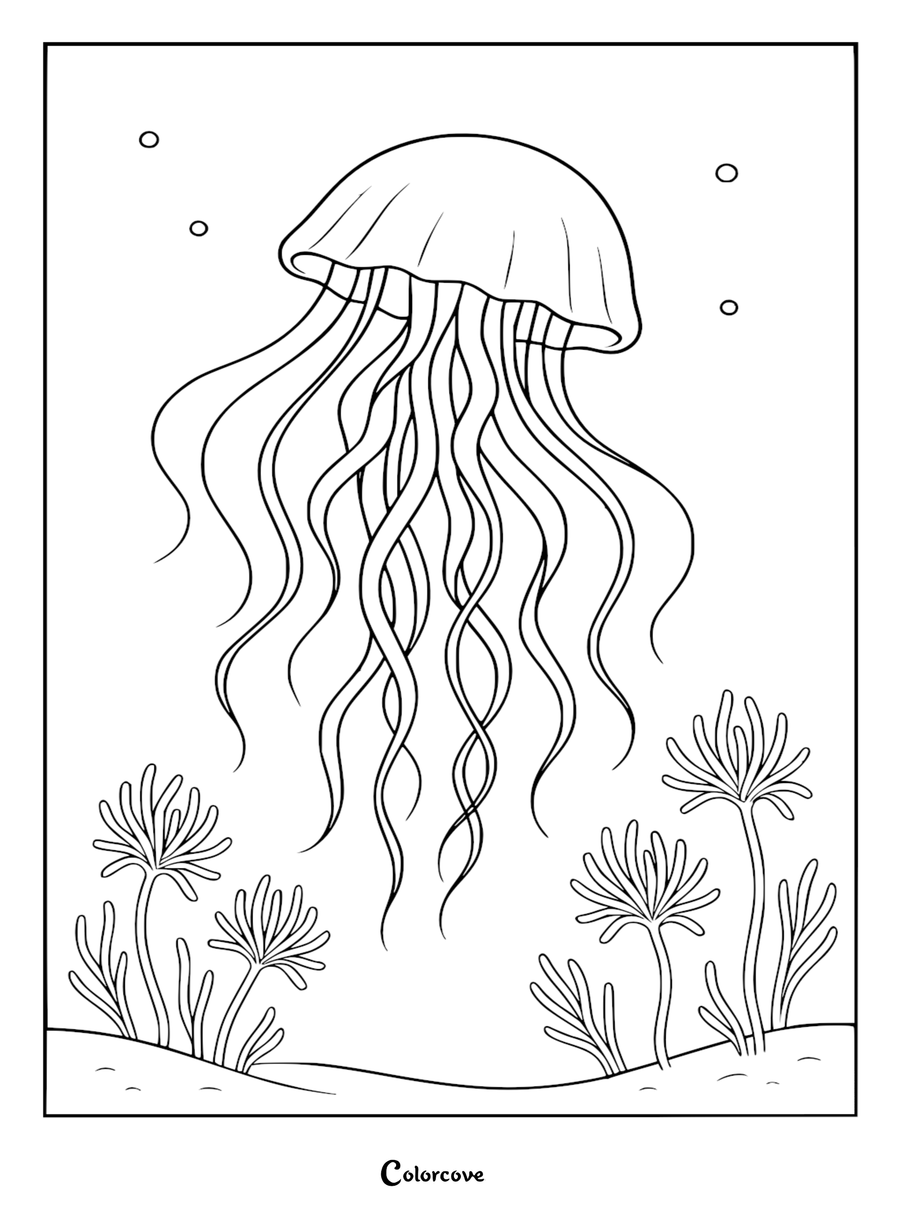A relaxing jellyfish coloring page featuring a graceful medusa with flowing tentacles drifting above stylized underwater sea anemones and bubbles.