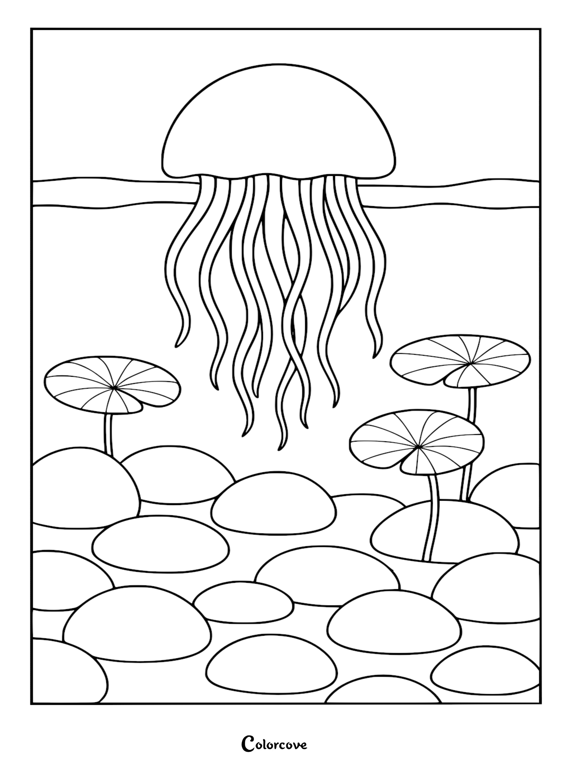 A relaxing jellyfish swimming above water with lily pads and smooth river stones in a minimalist line art coloring page.