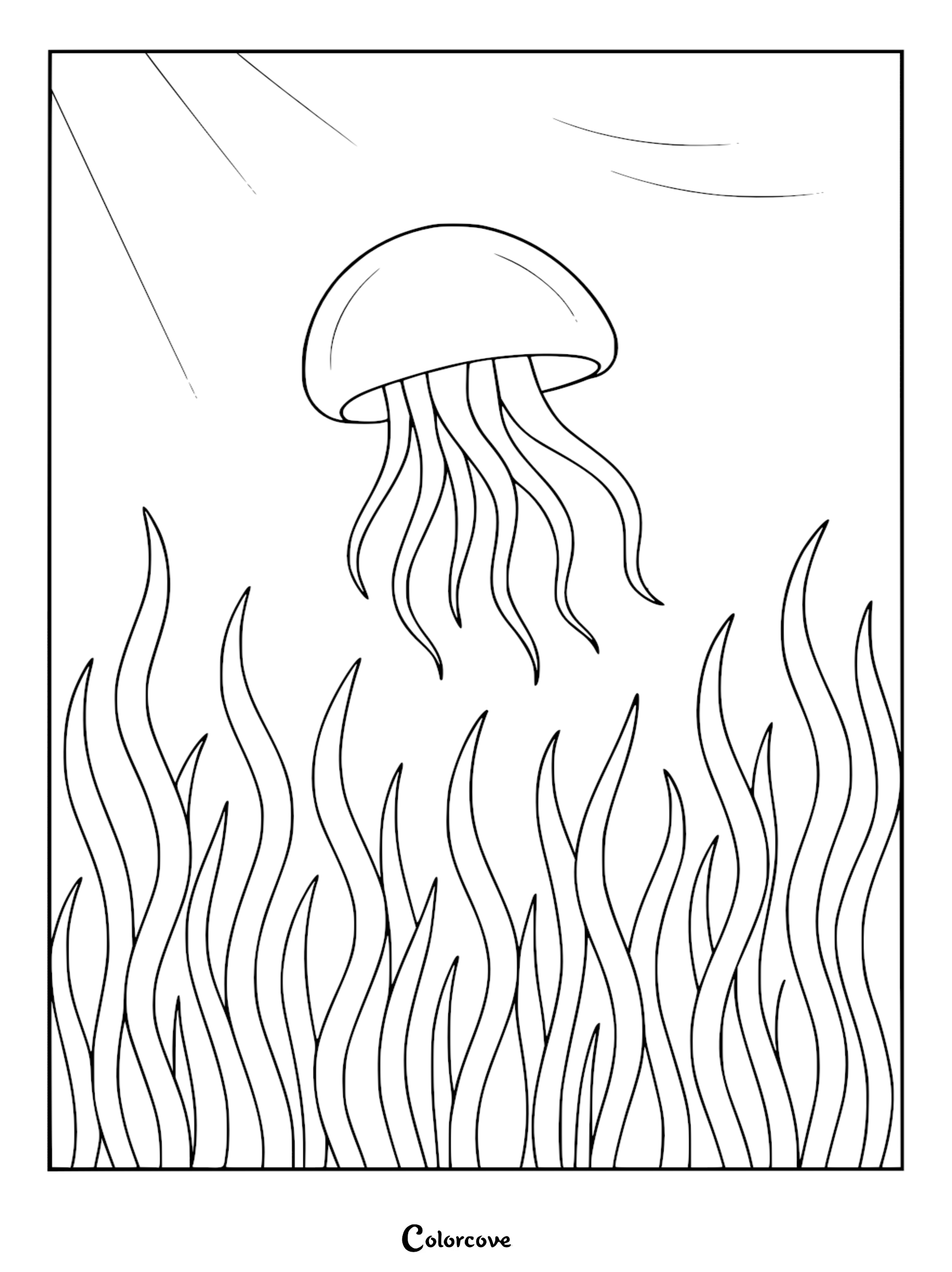 A relaxing jellyfish drifting above wavy seagrass in an underwater coloring page, illuminated by sunbeams.
