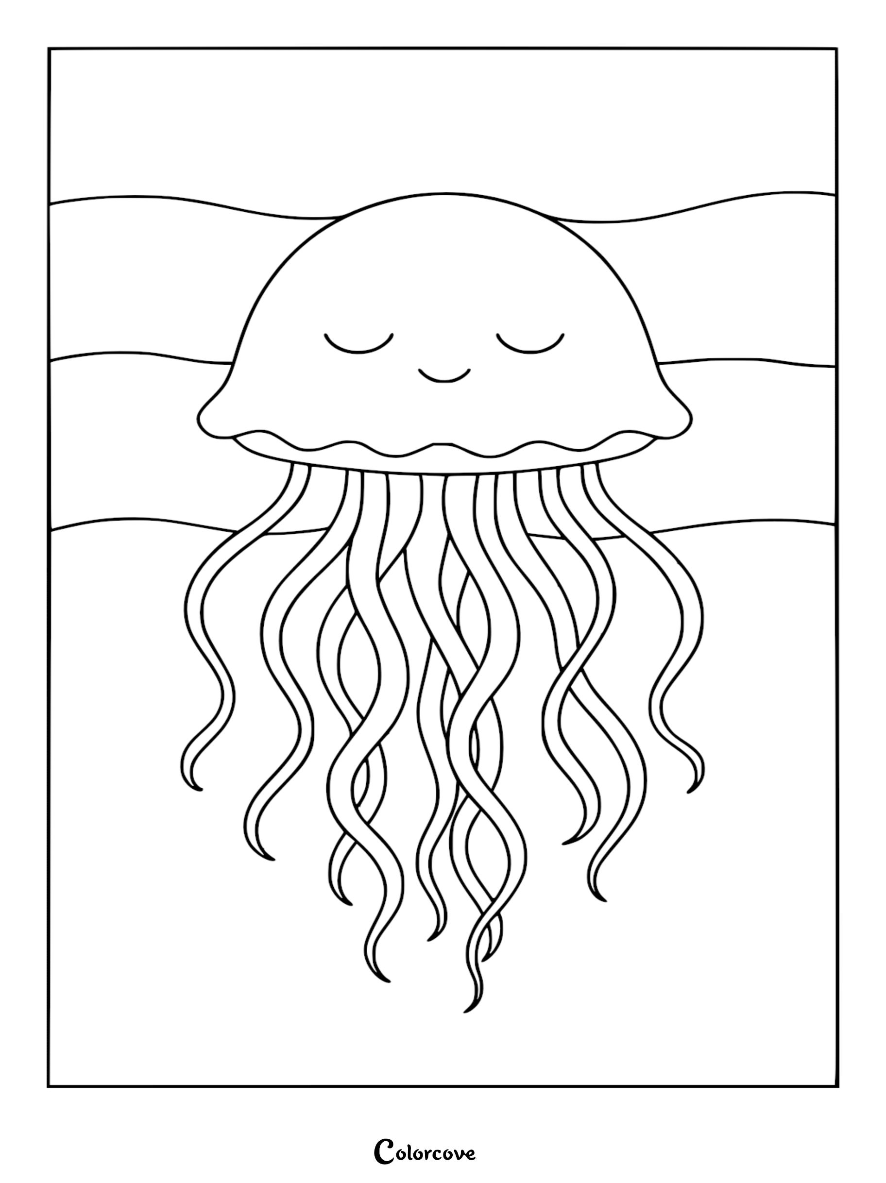 A cute, sleeping Relaxing Jellyfish with wavy tentacles floating in front of horizontal ocean currents in a printable line art coloring page.