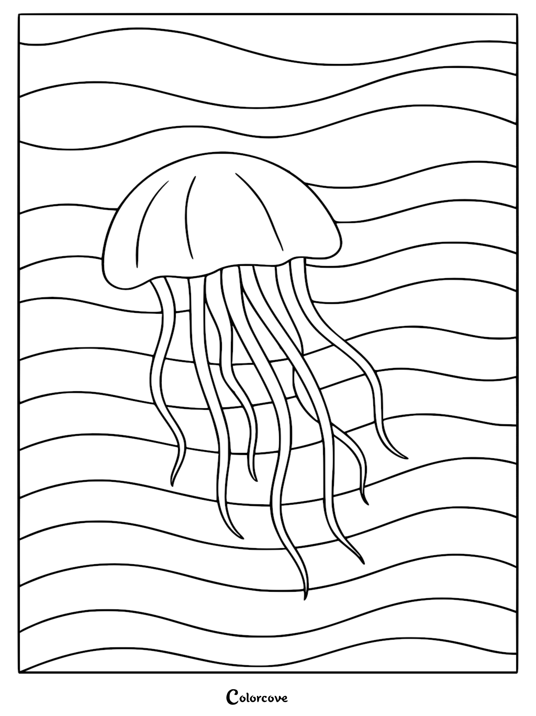 A relaxing jellyfish drifting through wavy underwater currents in a simple black and white coloring page.