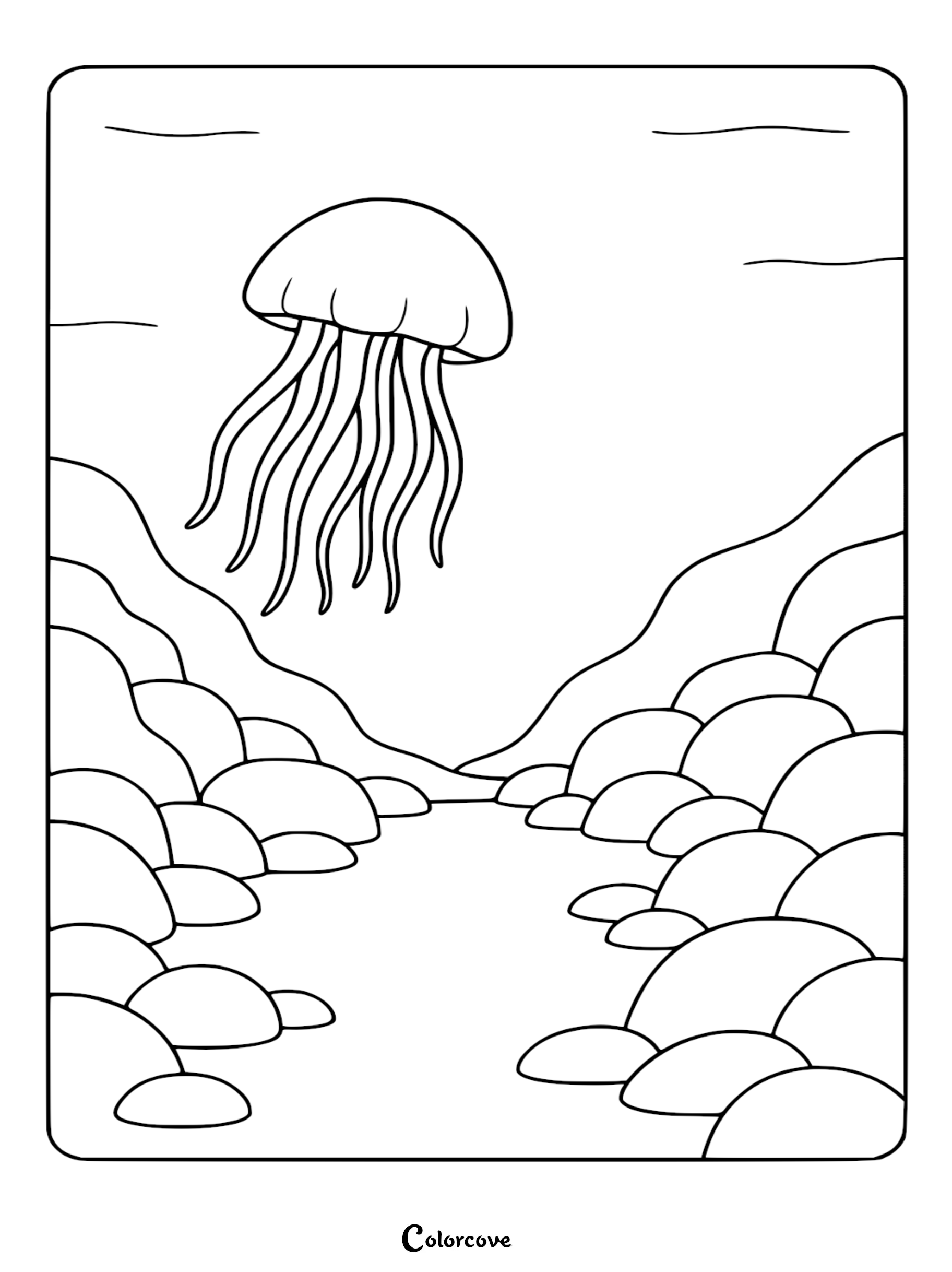 A relaxing jellyfish with flowing tentacles floats above a rocky ocean floor in this printable coloring page.