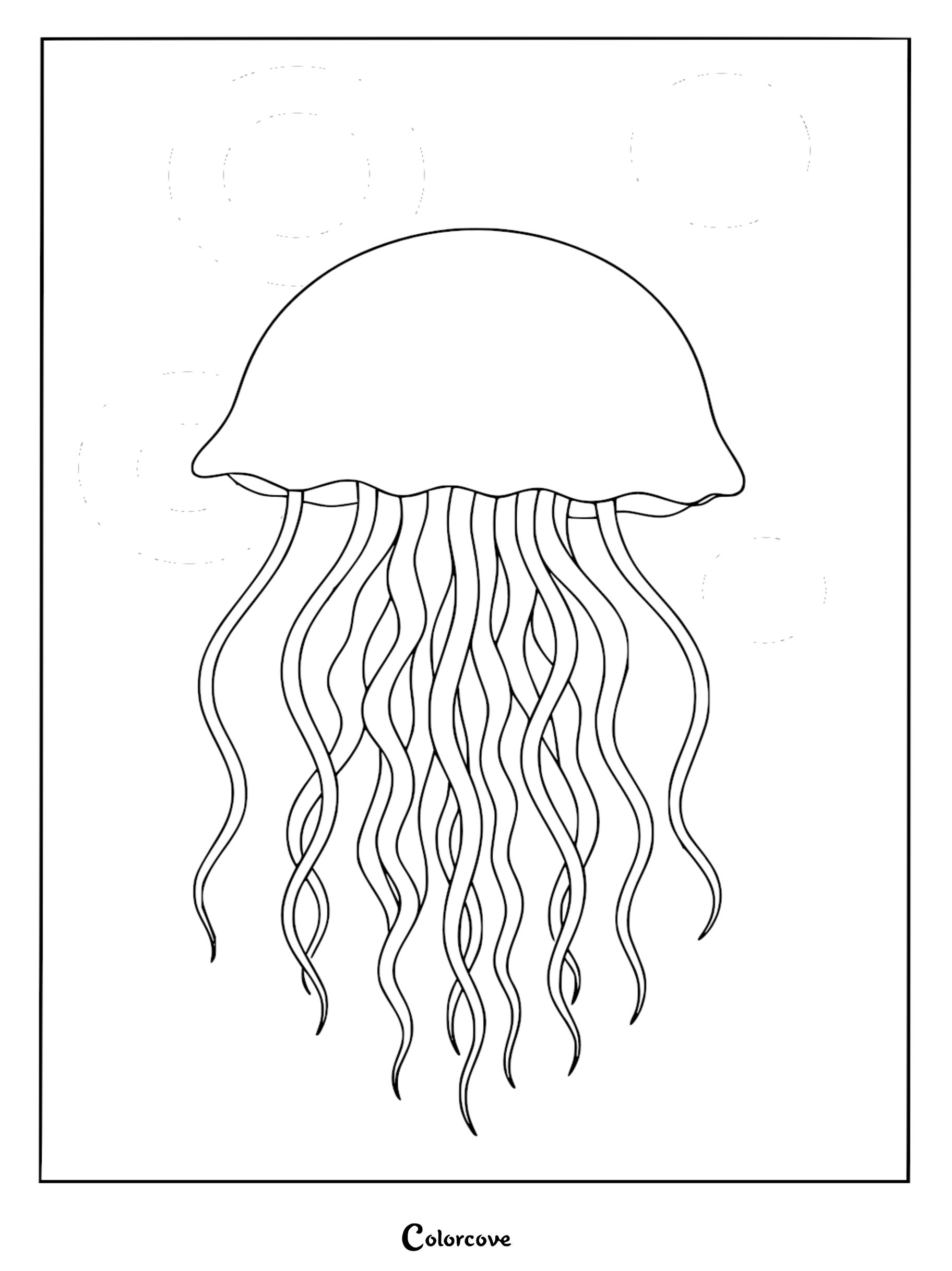 A relaxing jellyfish with a smooth bell and many long, wavy tentacles floating underwater with soft circular bubble ripples, presented as a printable coloring page.