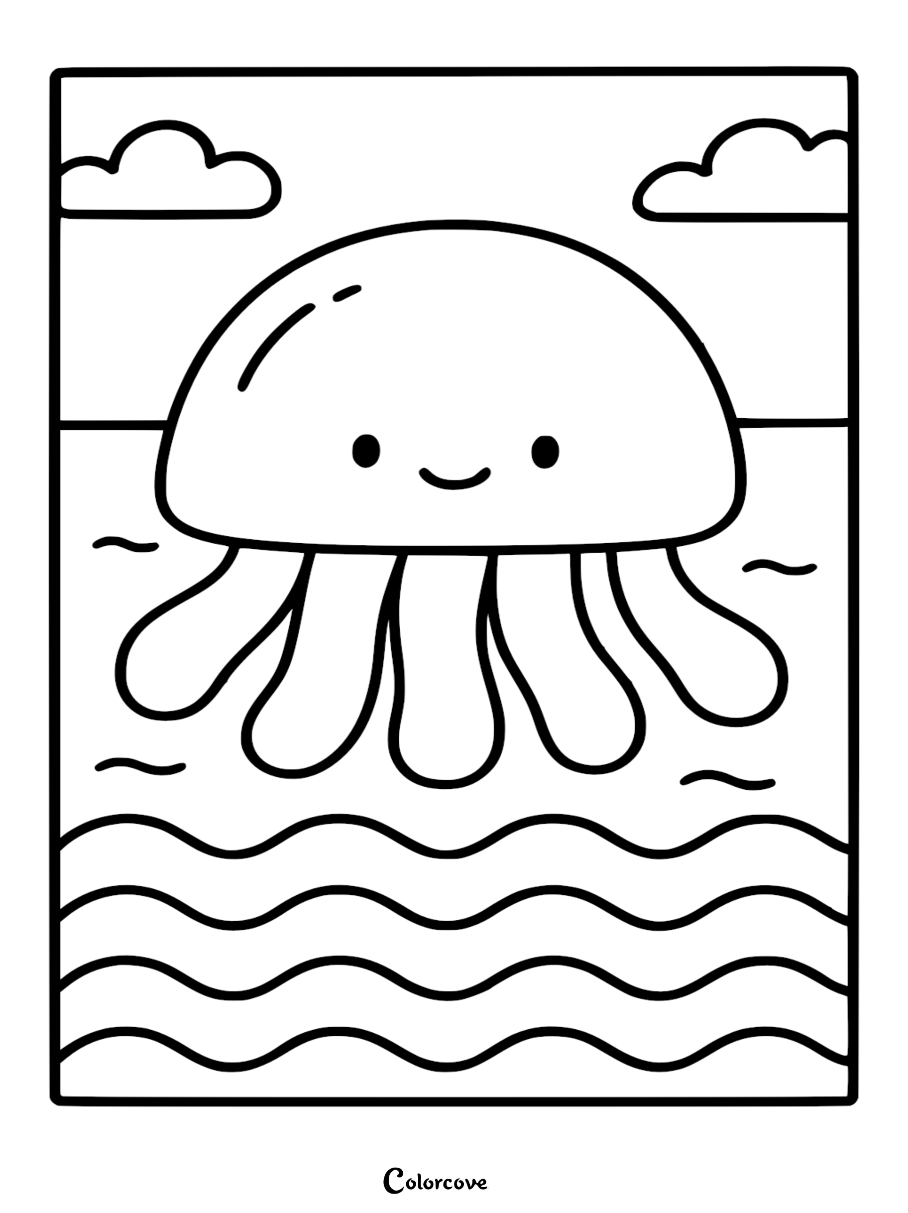 A simple black and white coloring page featuring a cute, happy jellyfish with rounded tentacles floating above wavy ocean water beneath two small clouds.