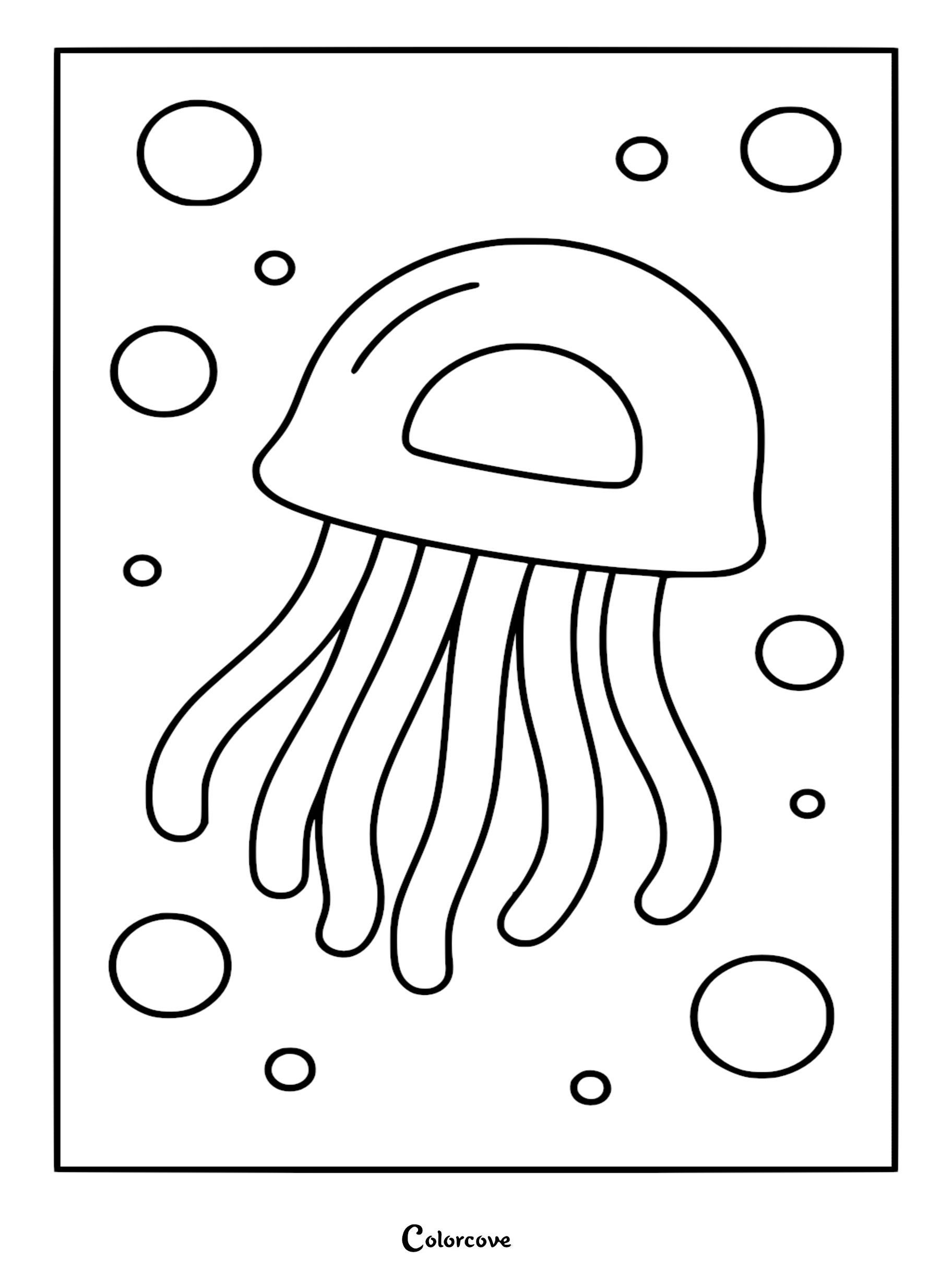 Simple line art coloring page of a cute relaxing jellyfish floating among various sized bubbles on a white background.