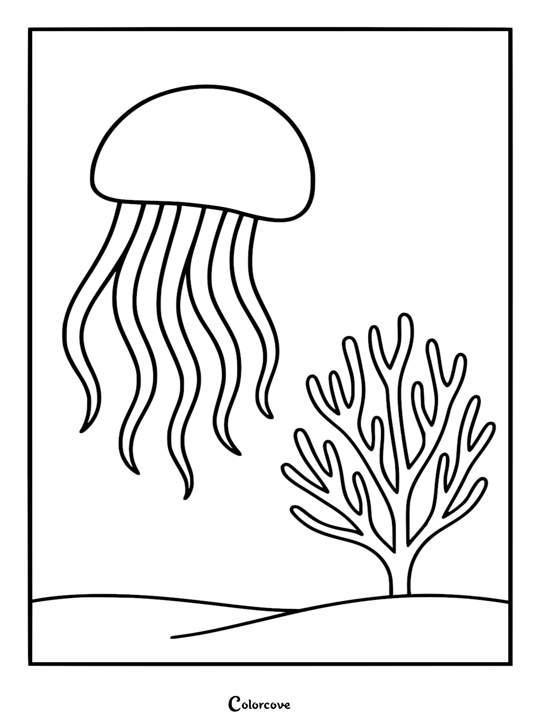 Simple line art coloring page of a relaxing jellyfish floating above a branching sea coral structure on the sandy ocean floor.