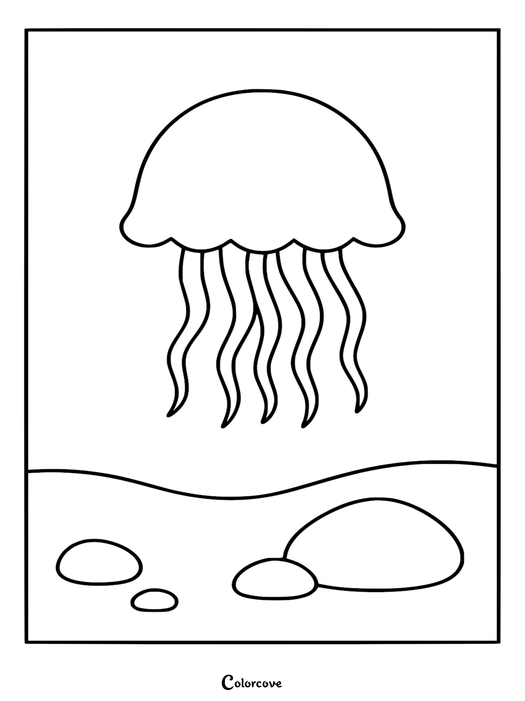 A simple relaxing jellyfish coloring page featuring a rounded bell and six wavy tentacles floating above ocean floor rocks.