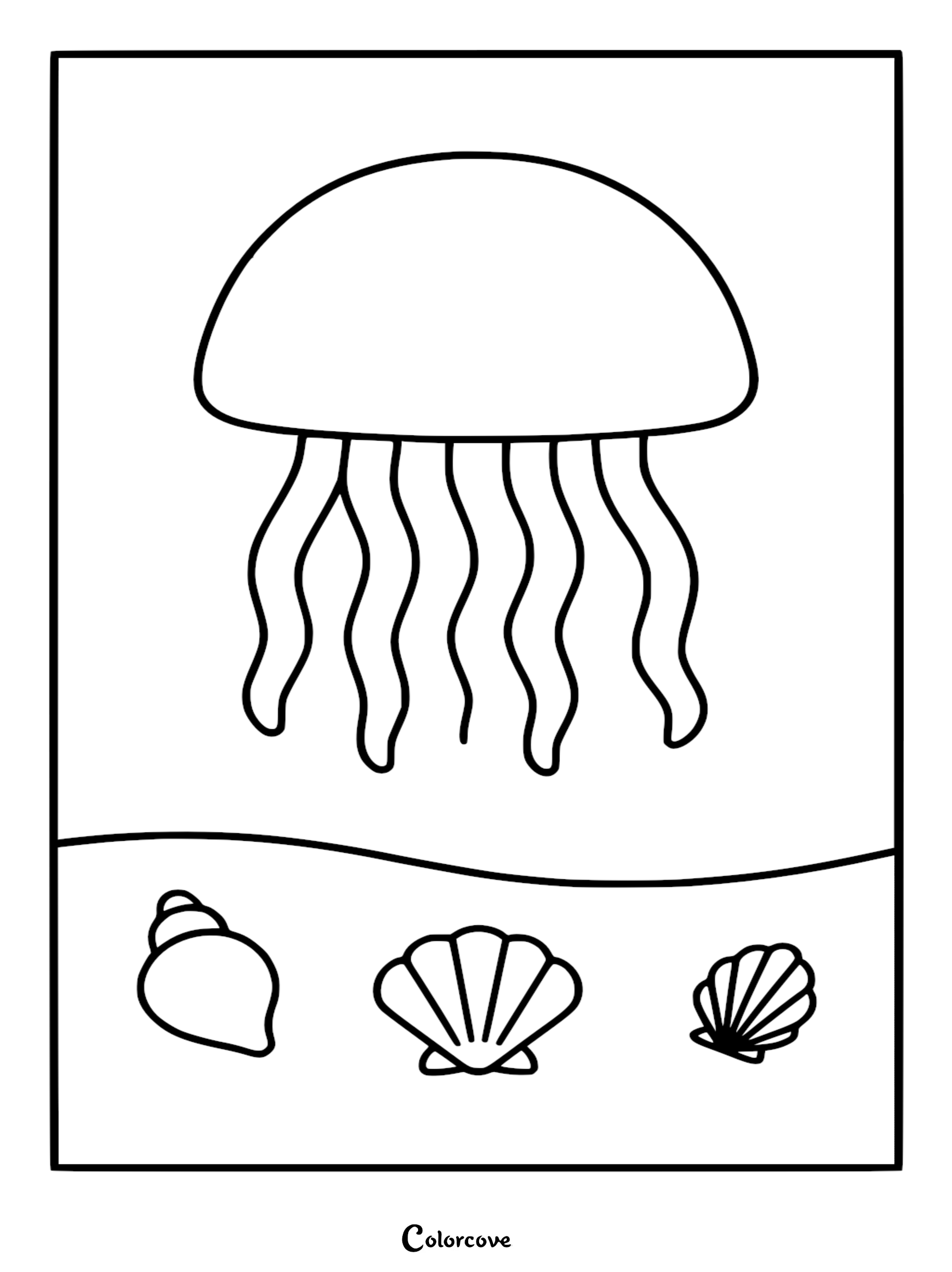 Simple line art coloring page of a friendly jellyfish with wavy tentacles floating above three unique seashells on the ocean floor.