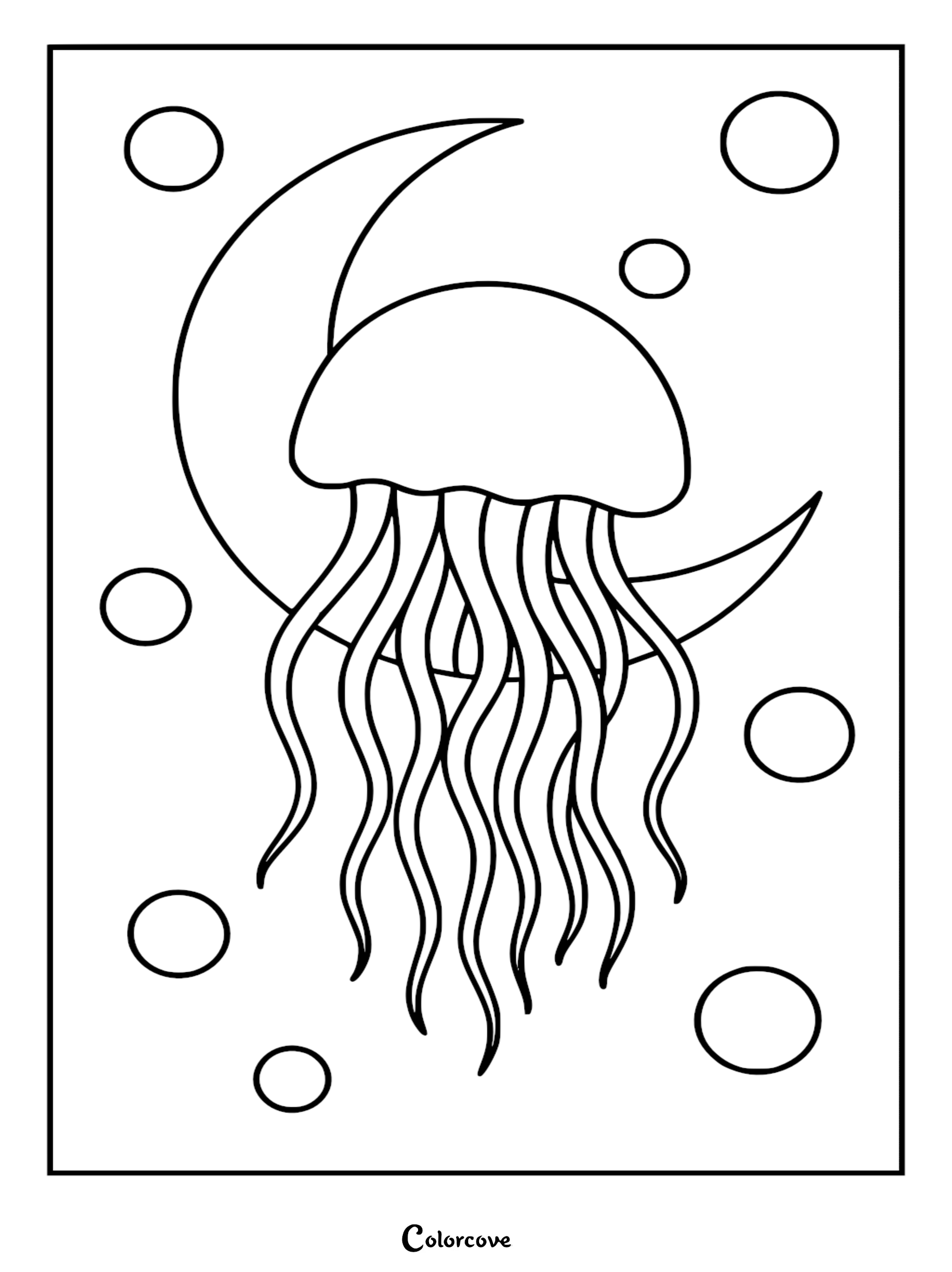 A relaxing jellyfish drifting in front of a crescent moon with floating bubbles in this black and white printable coloring page.
