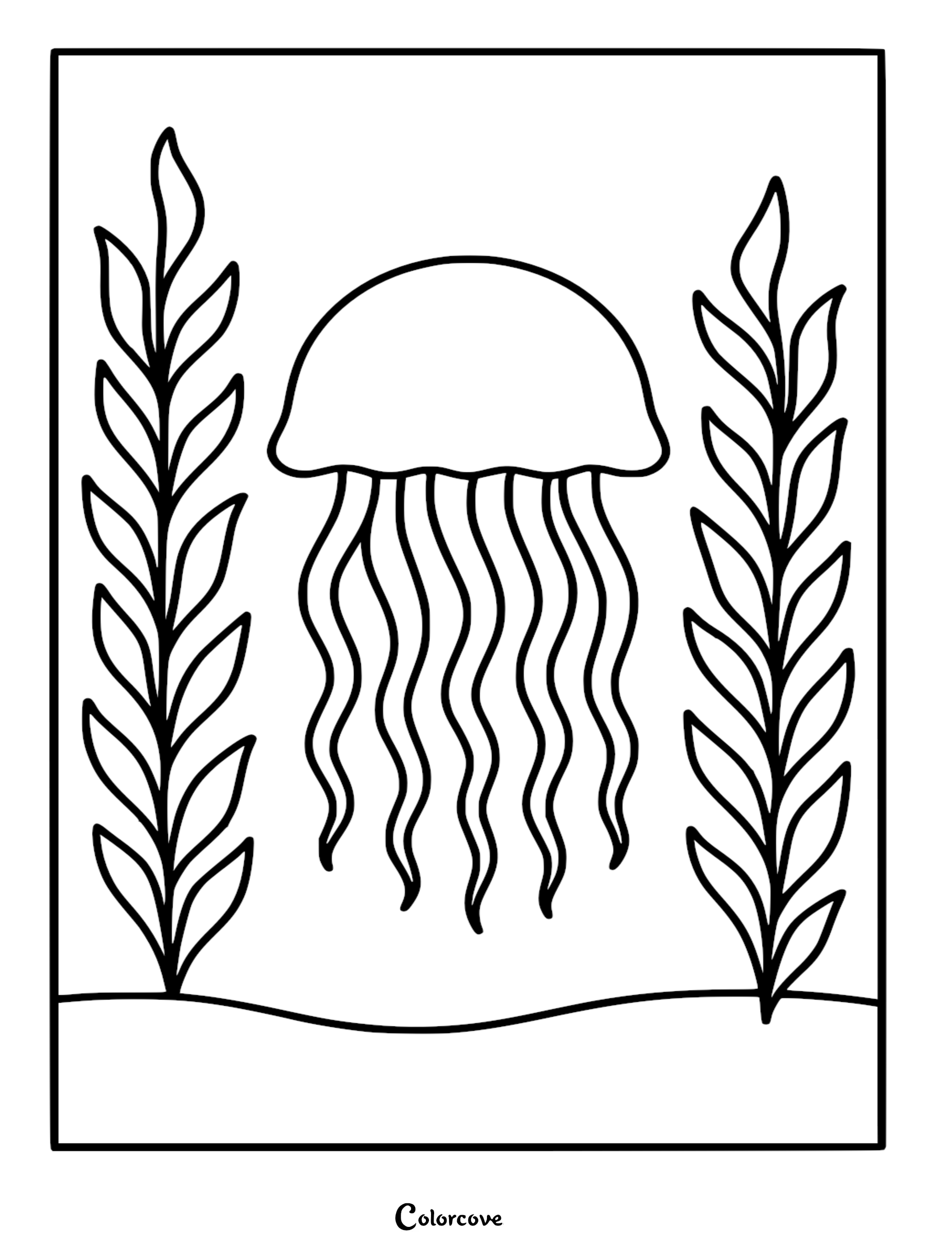 A relaxing jellyfish drifting between two stalks of tall seaweed in a minimalist coloring page design.