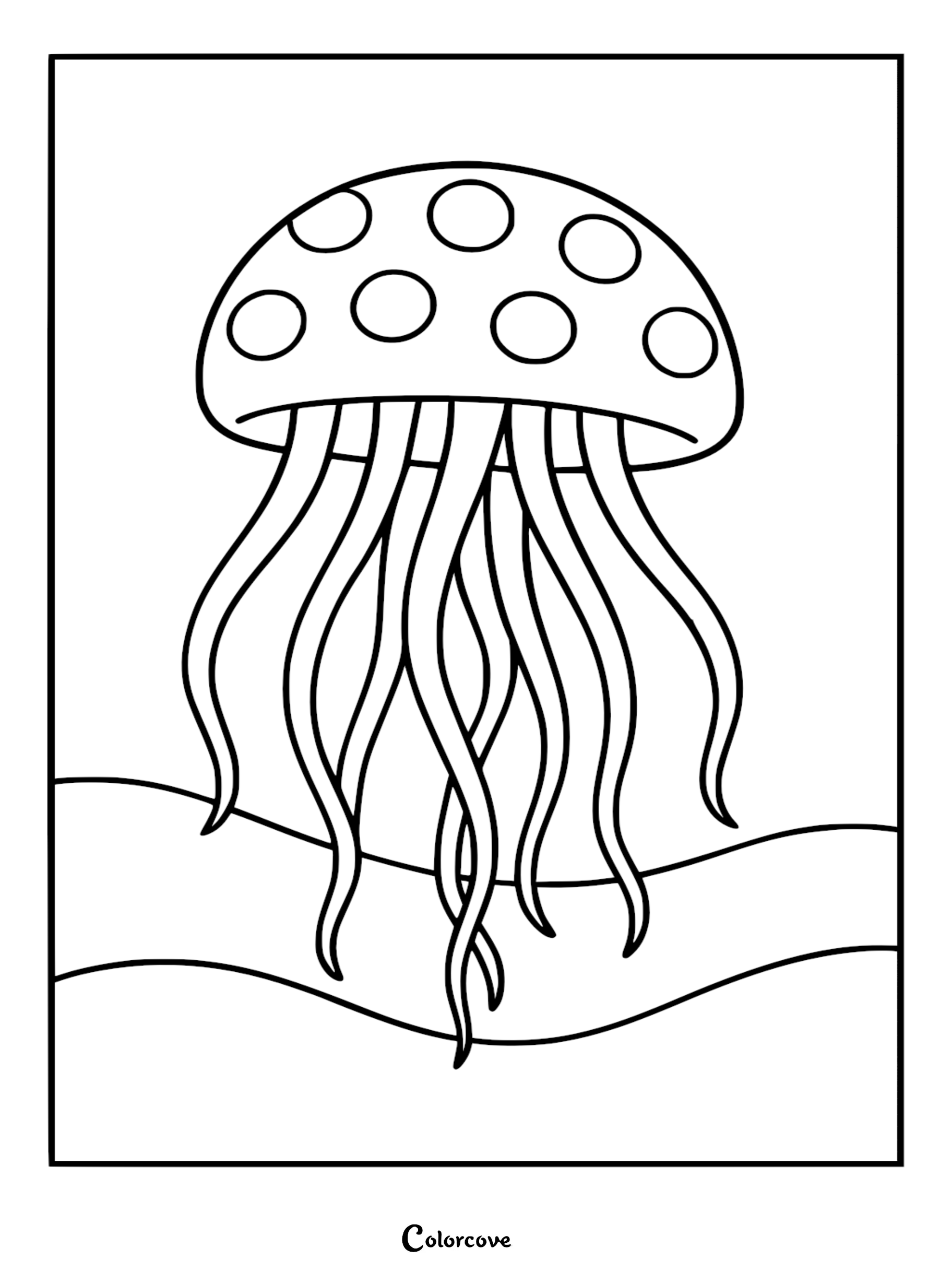 Simple relaxing jellyfish coloring page with polka dot bell and long wavy tentacles floating above an ocean floor wave line.