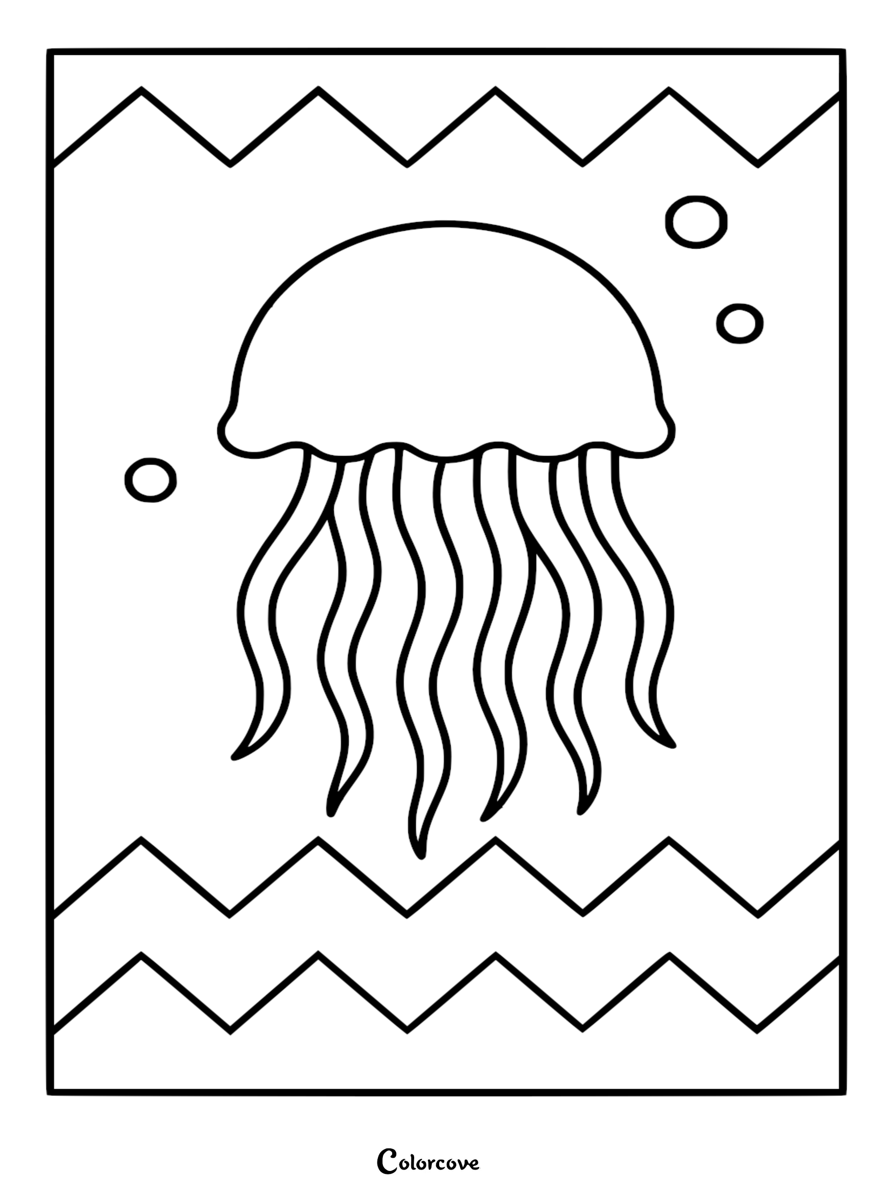 A relaxing jellyfish coloring page featuring a simple bell, wavy tentacles, and three bubbles framed by top and bottom chevron zig-zag patterns.