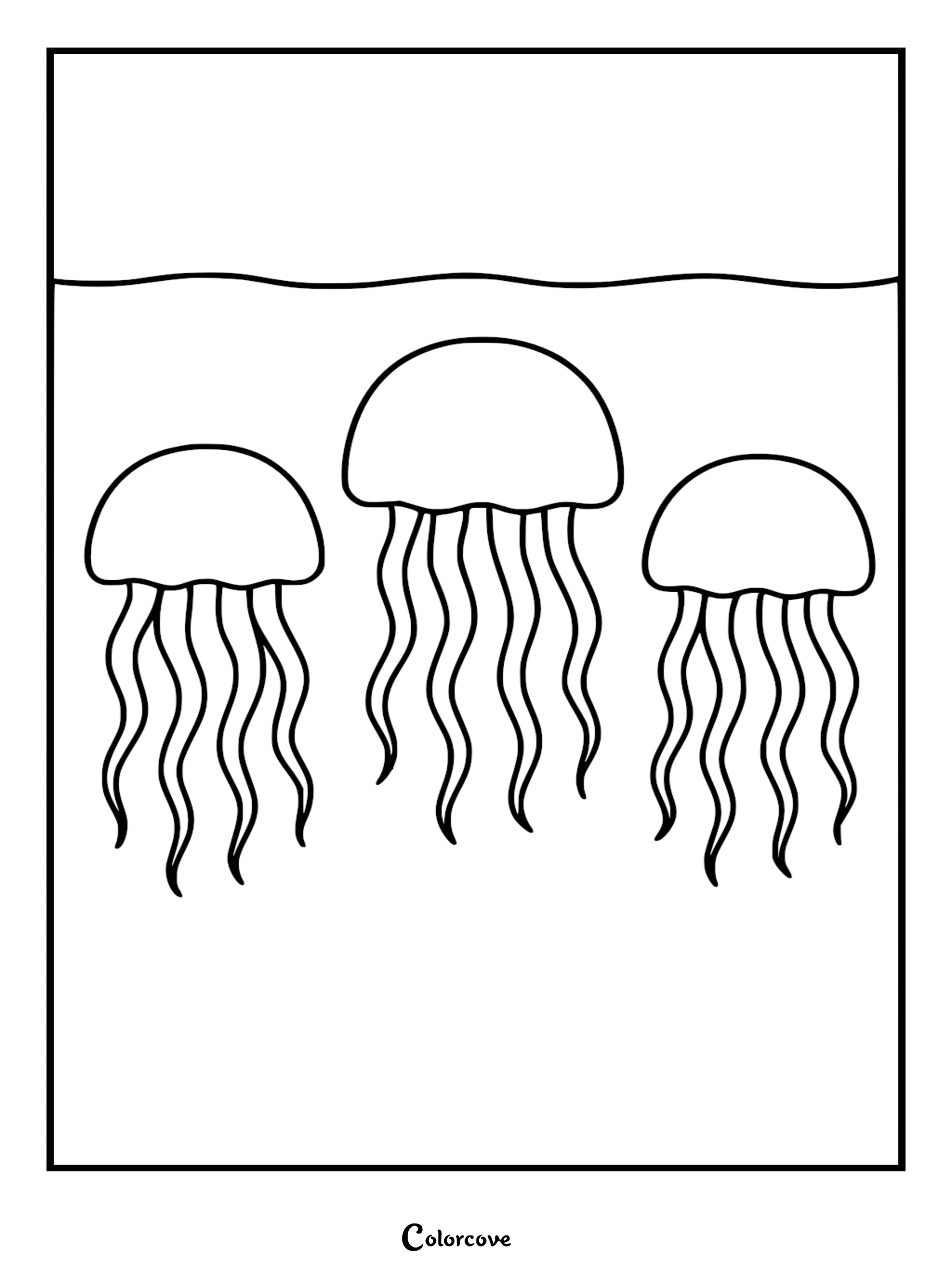 Simple line art coloring page of three relaxed jellyfish floating beneath the ocean surface with wavy tentacles.