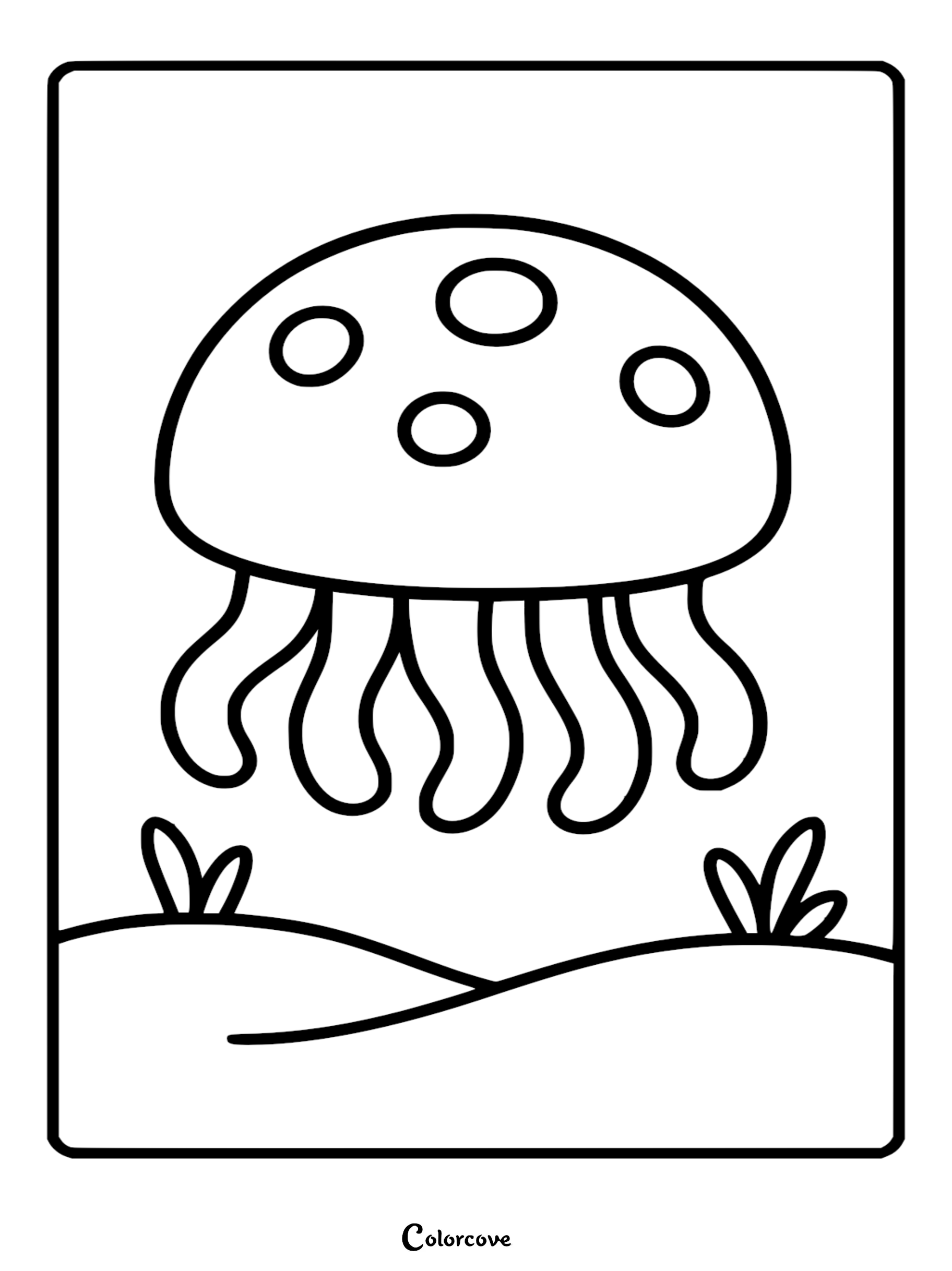 A simple relaxing jellyfish coloring page featuring a rounded bell with four circular spots, wavy tentacles, and small aquatic plants on the sandy ocean floor.