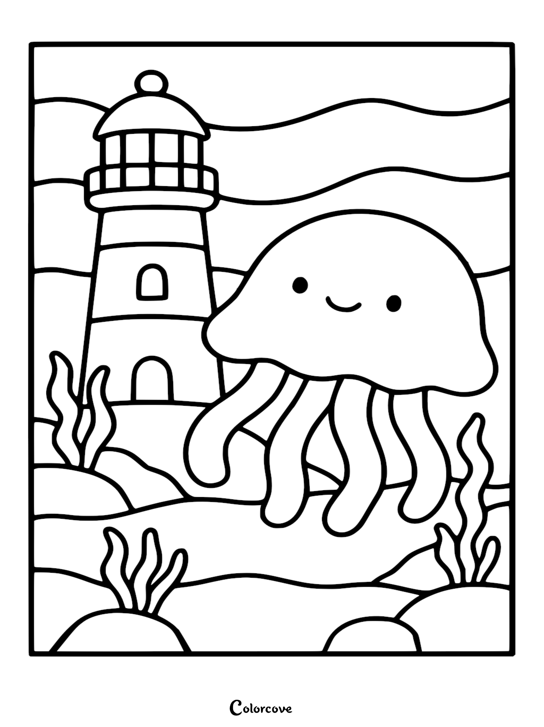 A cute cartoon jellyfish with a smiling face floating next to a coastal lighthouse, depicted in this simple line art coloring page.