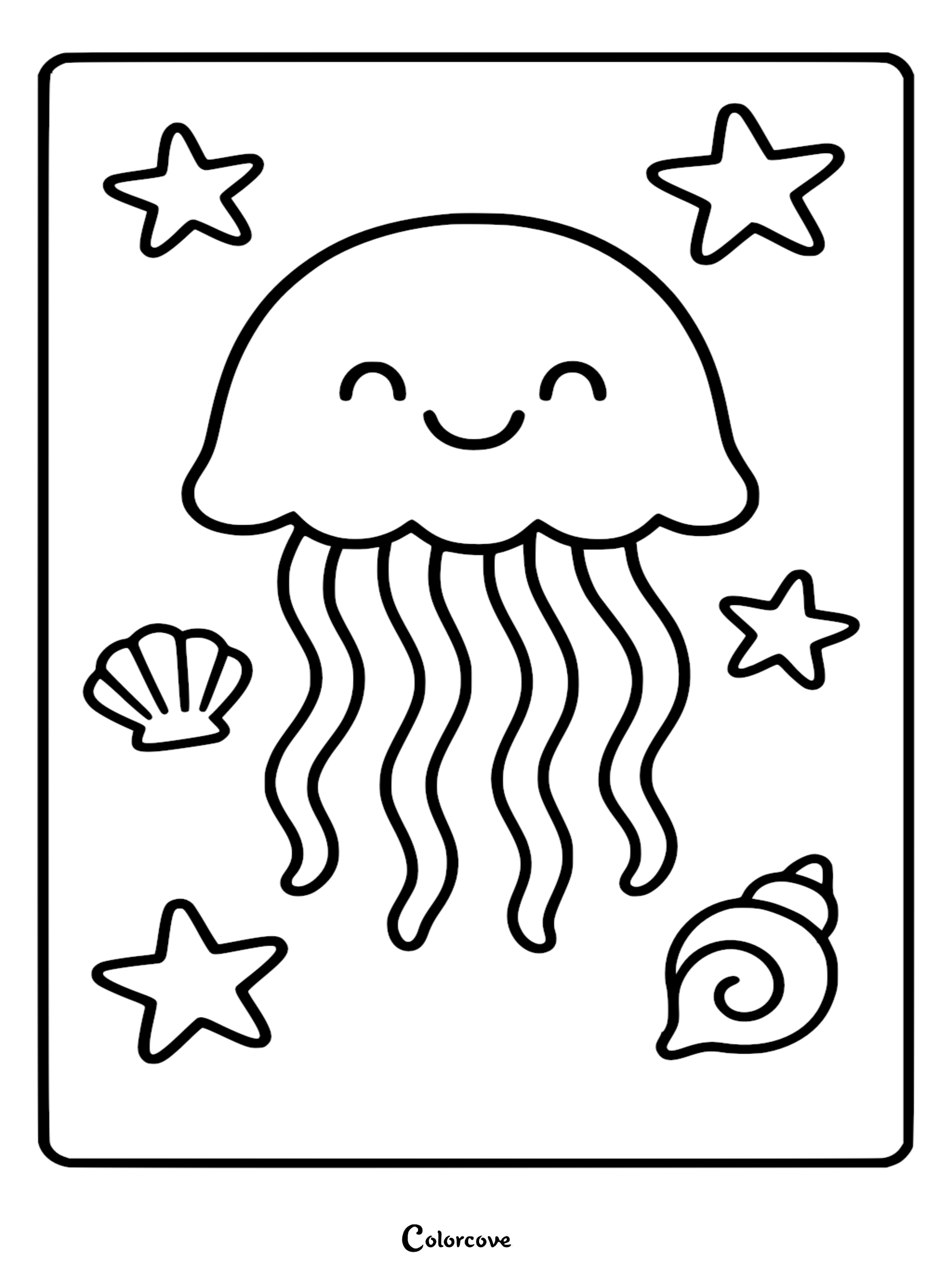 A smiling, relaxing jellyfish surrounded by three starfish and two seashells in this simple line art coloring page.