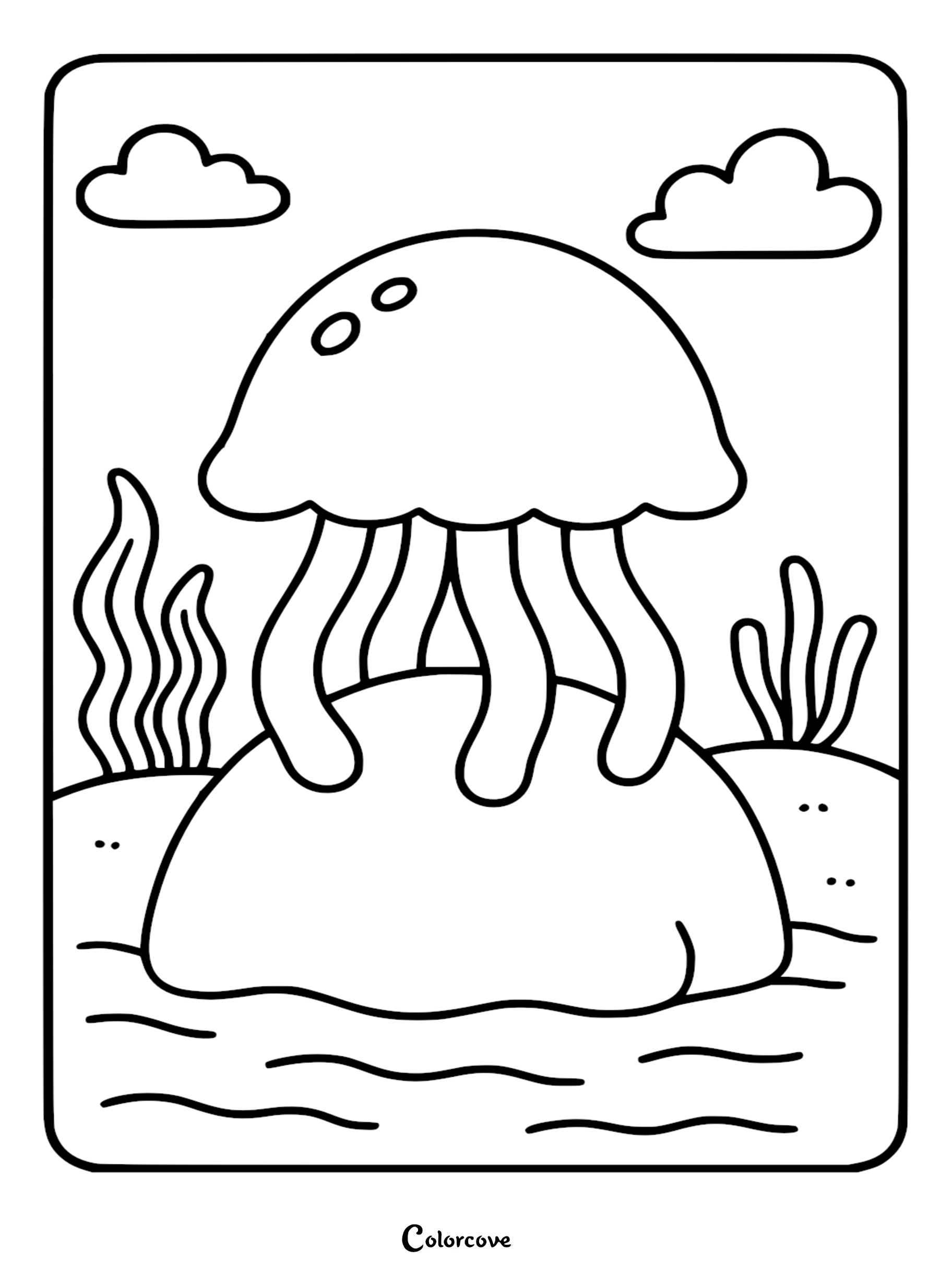 A relaxing jellyfish perched on a smooth ocean rock, surrounded by seaweed and clouds in this printable coloring page.