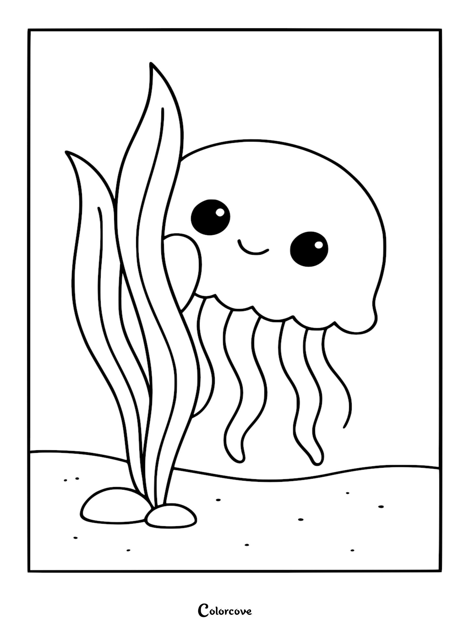 A cute Relaxing Jellyfish peeking from behind tall seaweed, simple line art coloring page for kids.