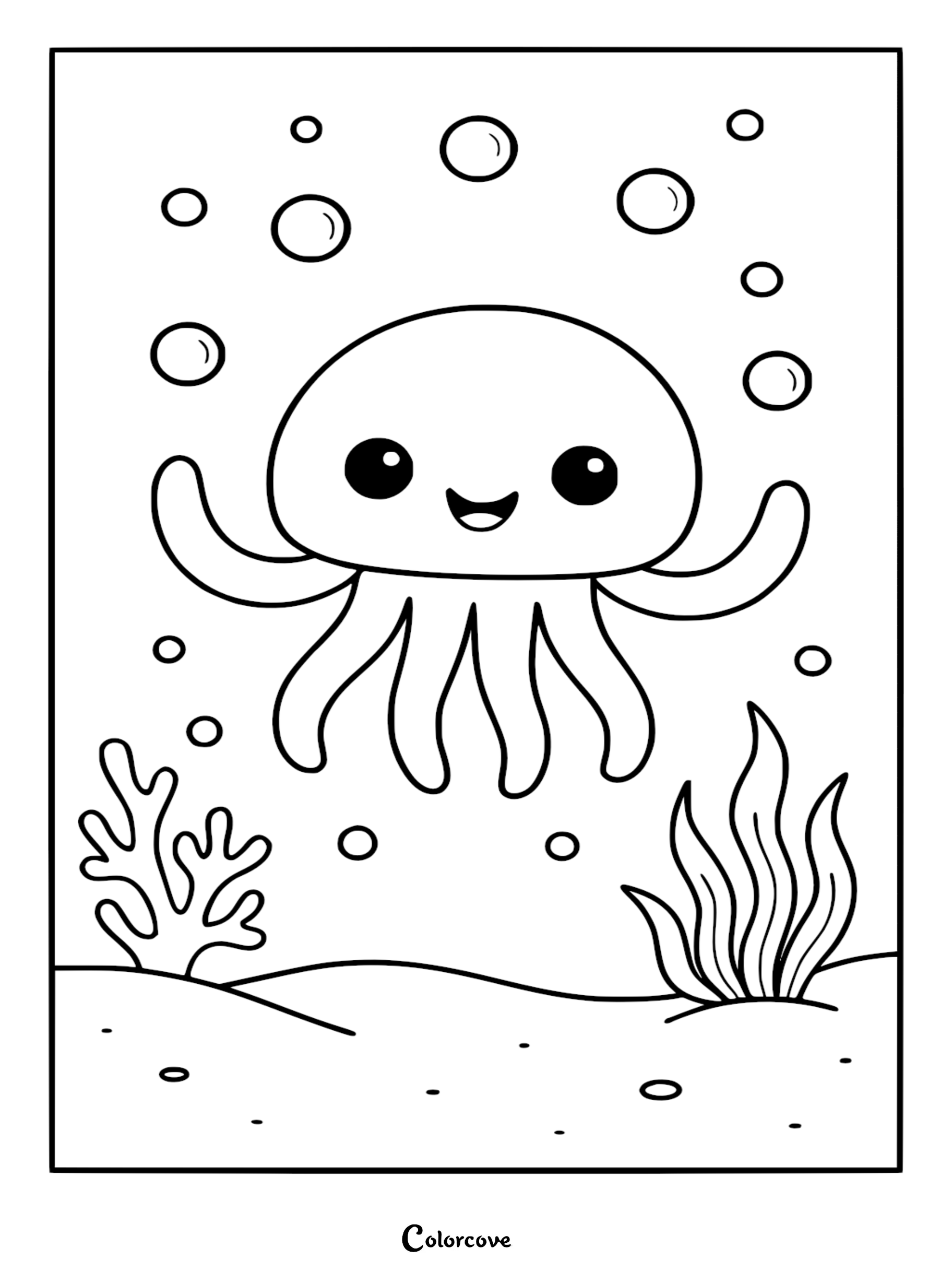 A cute, smiling Relaxing Jellyfish swimming underwater with bubbles, coral, and seaweed in this printable coloring page.