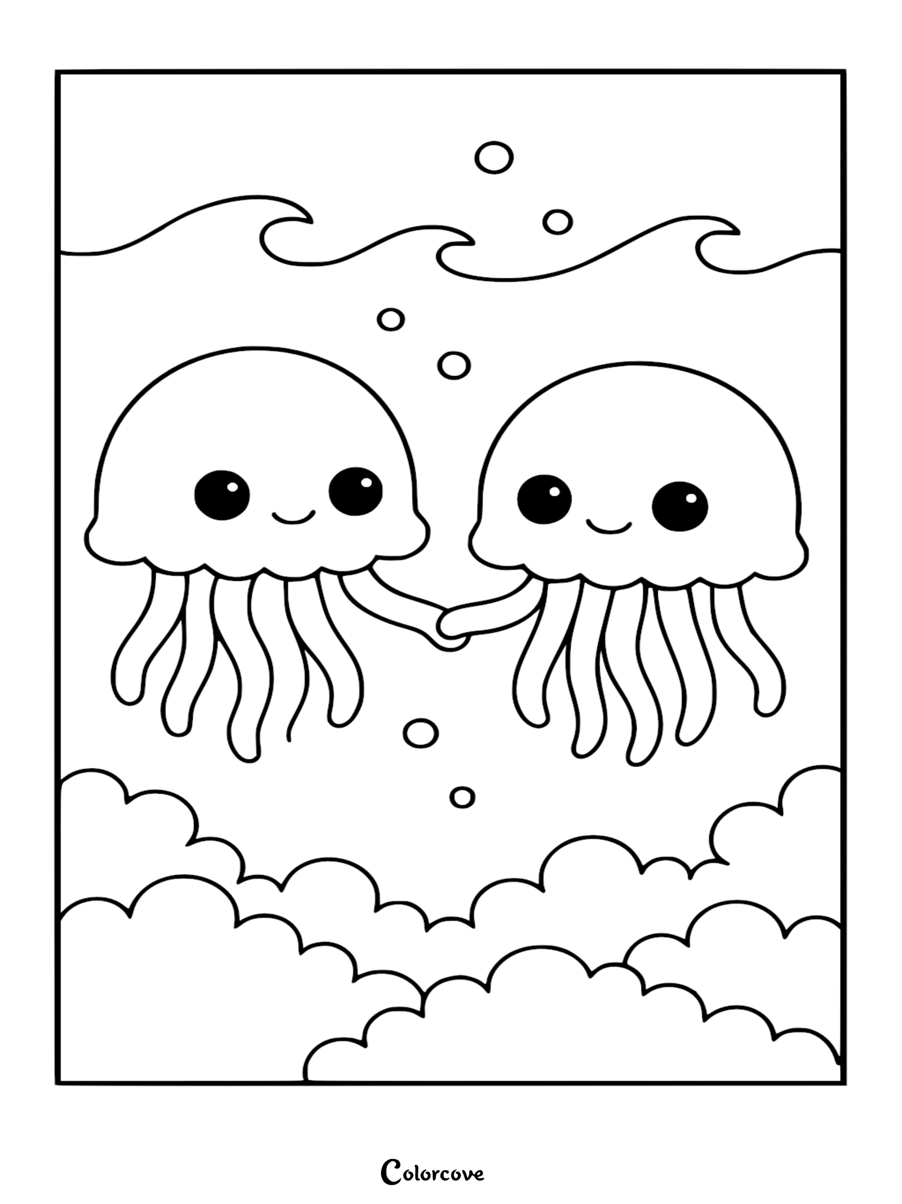Two adorable, smiling jellyfish holding tentacles underwater, featured in a simple line art coloring page with bubbles and ocean waves.