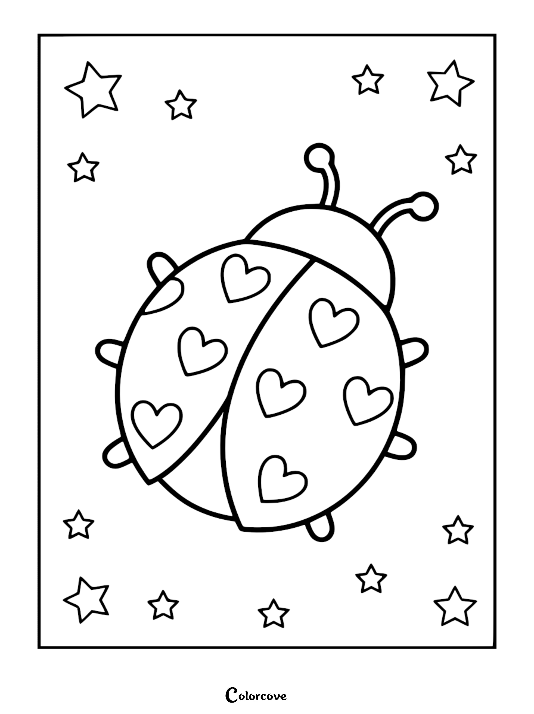 A relaxing ladybug coloring page featuring a cute beetle with heart-shaped spots surrounded by a background of twinkling stars.
