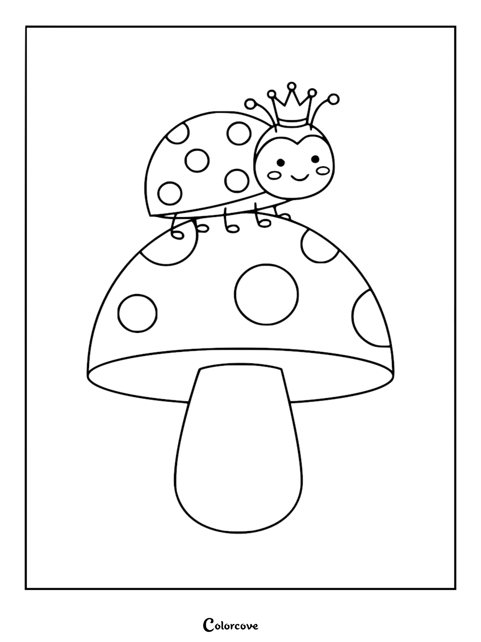 A cute ladybug wearing a crown resting on top of a spotted mushroom in this printable coloring page.