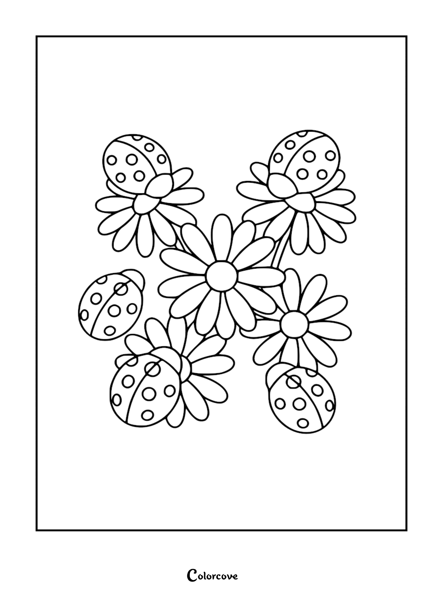 A relaxing ladybug coloring page featuring four spotted ladybugs perched on clusters of daisy flowers in a simple line art style.