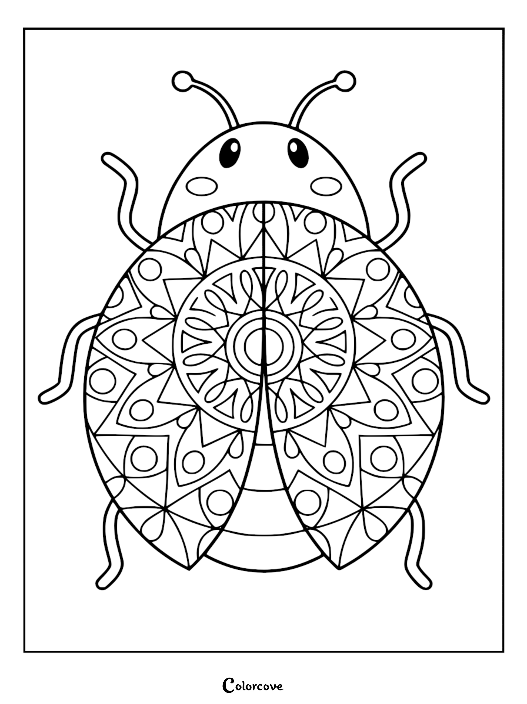 A relaxing ladybug with intricate mandala patterns on its wings, featuring a symmetrical geometric design as a printable coloring page.