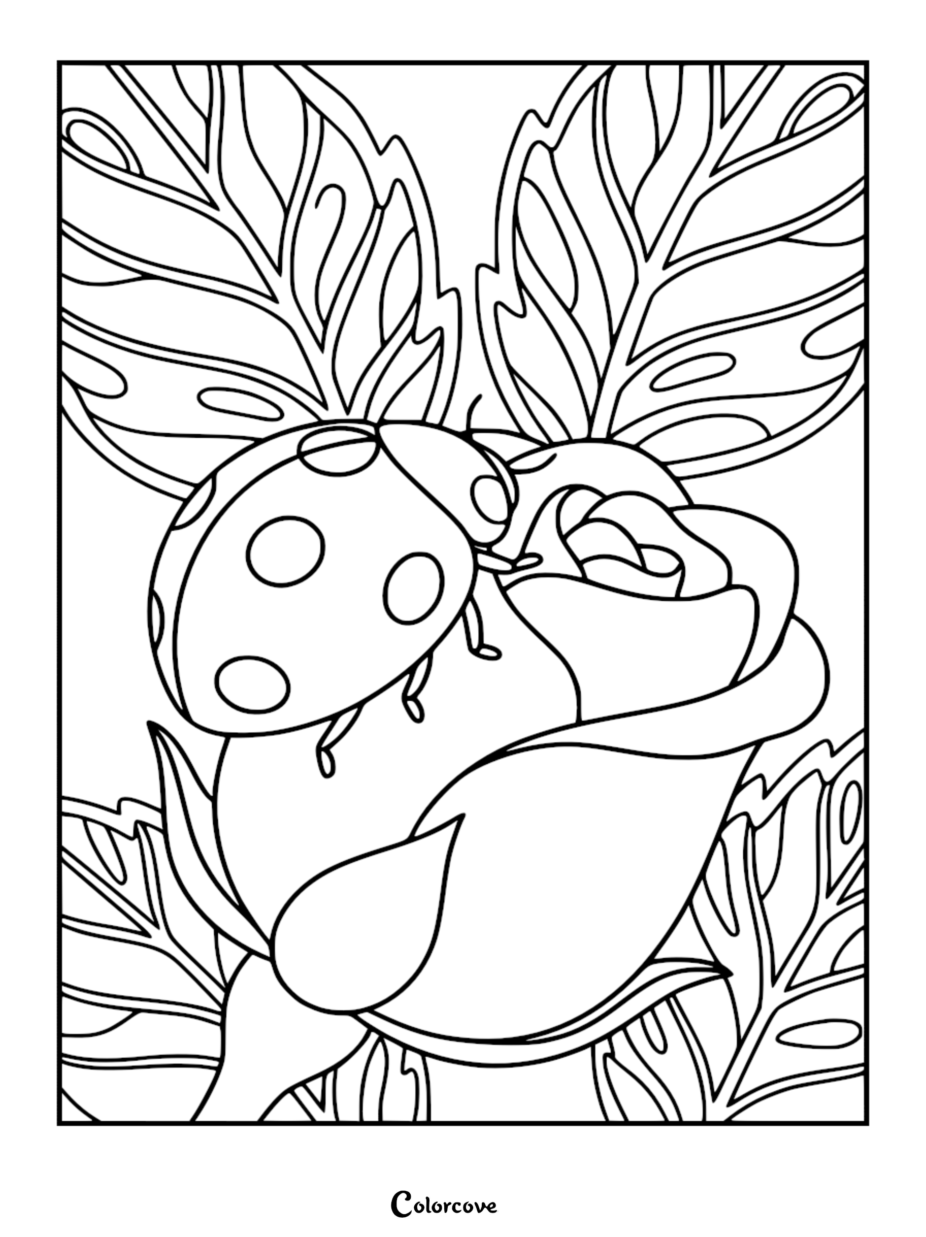 A relaxing ladybug with distinct spots resting on a blooming rose surrounded by large textured leaves, high-quality coloring page.