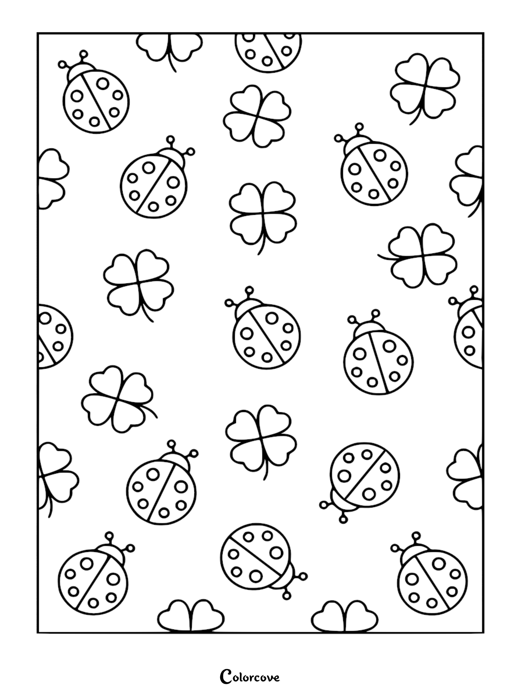 A repeat pattern coloring page featuring cute ladybugs and lucky four-leaf clovers with bold black outlines.
